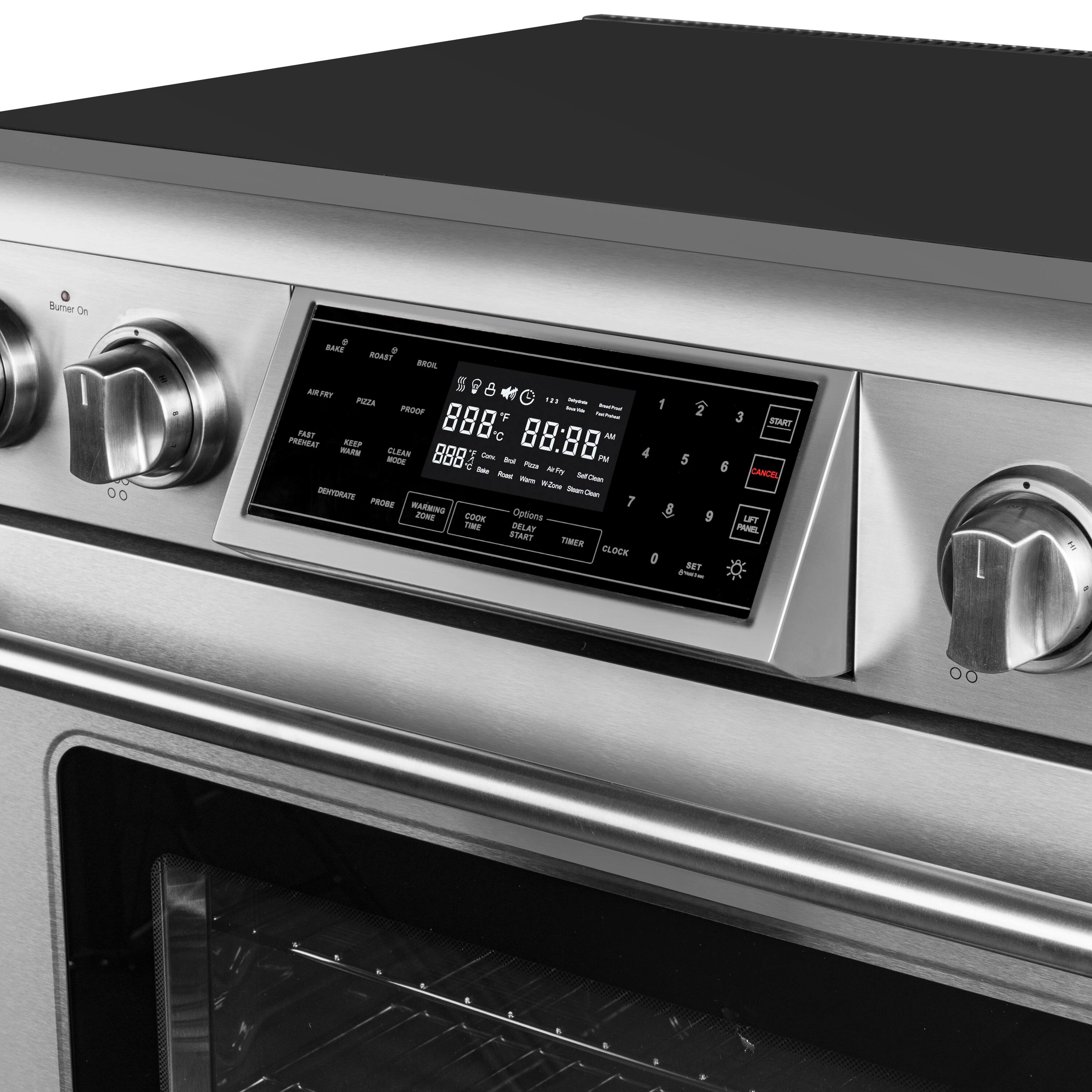 Bumer On BAKE ROAST BROIL AIR Fry PIZZA PROOF FAST PREHEAT KEEP WARM CLEAN DEHYDRATE PROBE WARMING ZONE WARNING TIMER CLOCK 0 2 3 START 5 6 CANCEL 9 LEFT PRESET