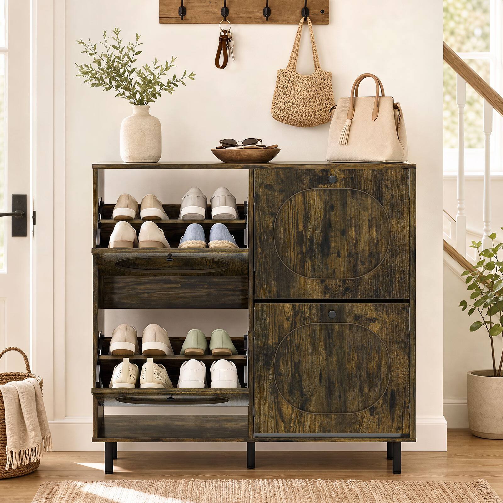 Alt View 4. Costway - Costway 9.5" Shoe Storage Cabinet with 4 Flip Drawers, Aluminum Legs for Foyer & Hallway - Rustic Brown.