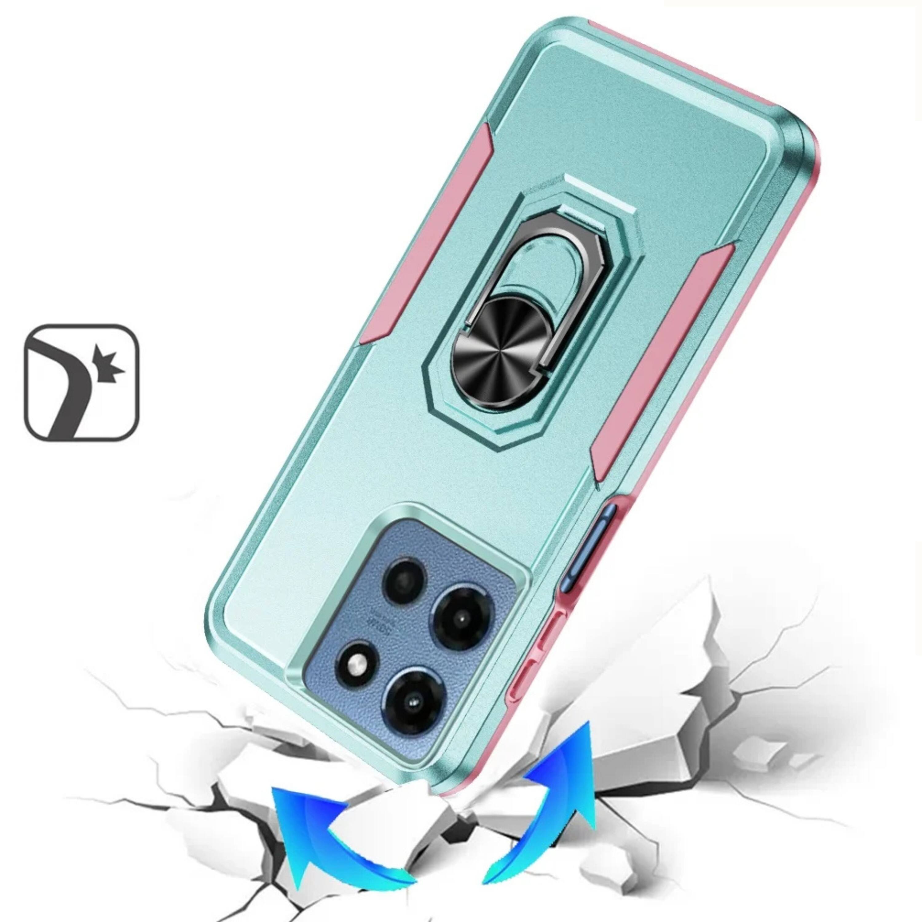 Left. Kitcheniva - Hard Outer Shell Soft Inner Rubber Phone Case With Metal Ring Stand Tempered Glass For Moto G 2025/2026/G Play 2026 Teal - Teal.