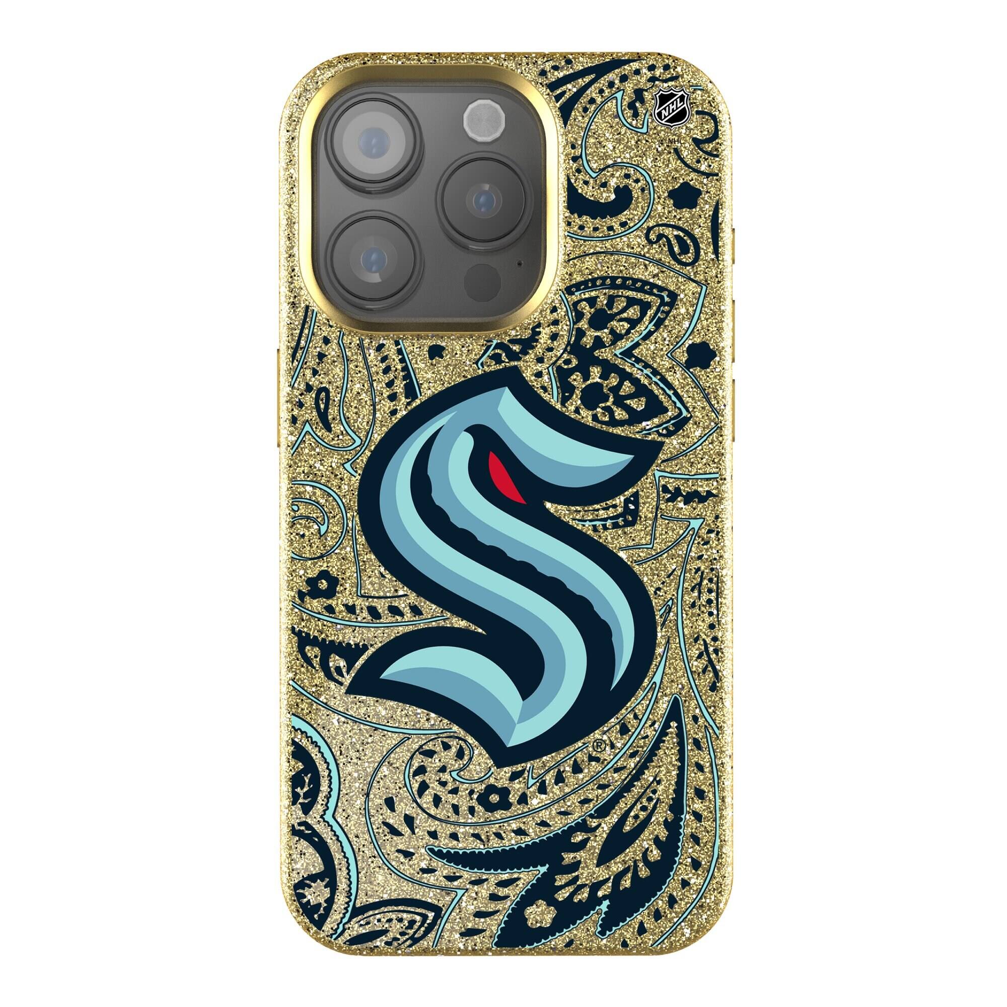 Front. Keyscaper - Gold Seattle Kraken Paisley Bling iPhone Case - 14 Plus - Gold.