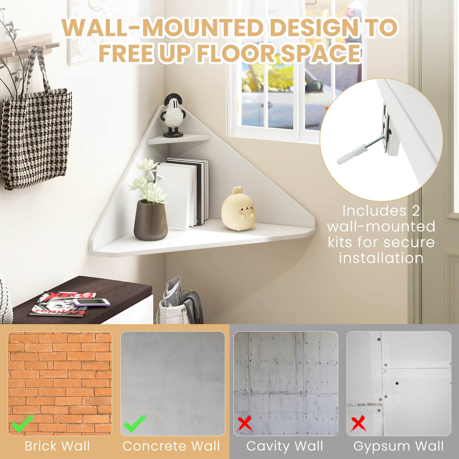 WALL-MOUNTED DESIGN TO FREE UP FLOOR SPACE
Includes 2 wall-mounted kits for secure installation
O Brick Wall
O Concrete Wall
X Cavity Wall
X Gypsum Wall