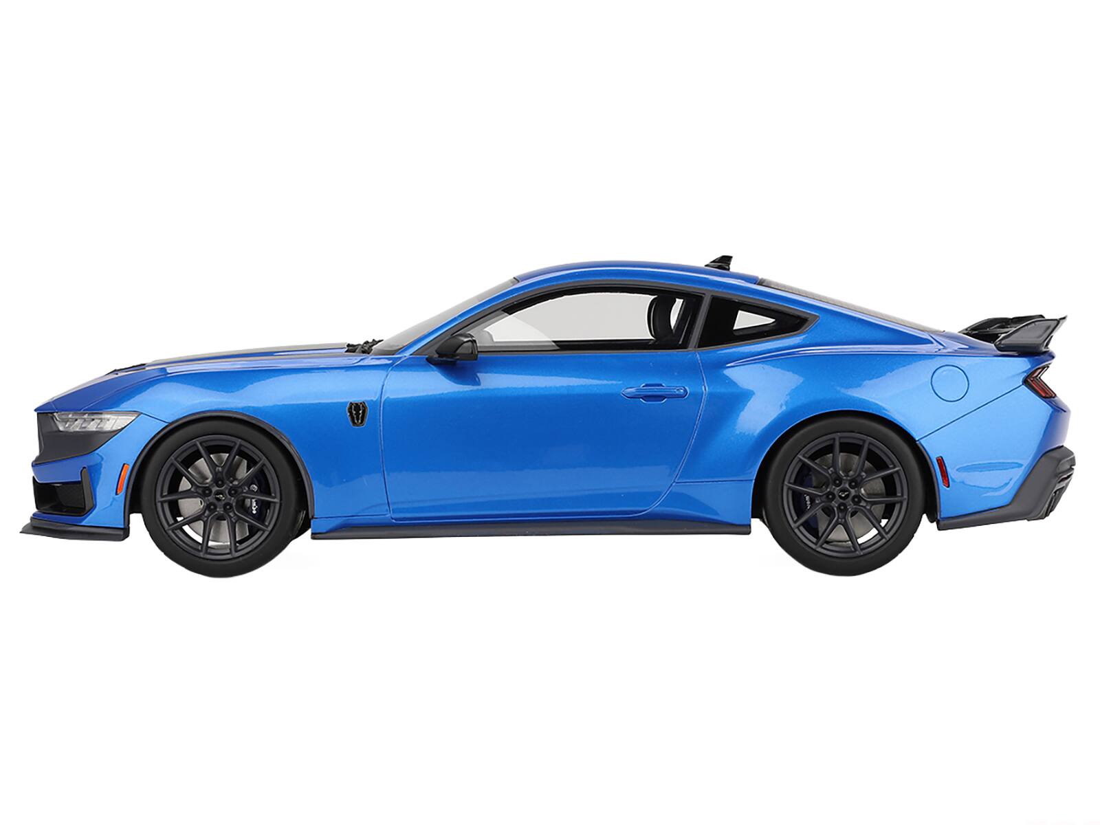 Left. Top Speed - 2024 Ford Mustang Dark Horse Grabber Blue Metallic with Black Hood Stripes 1/18 Model Car by Top Speed - Blue Metallic with Black.