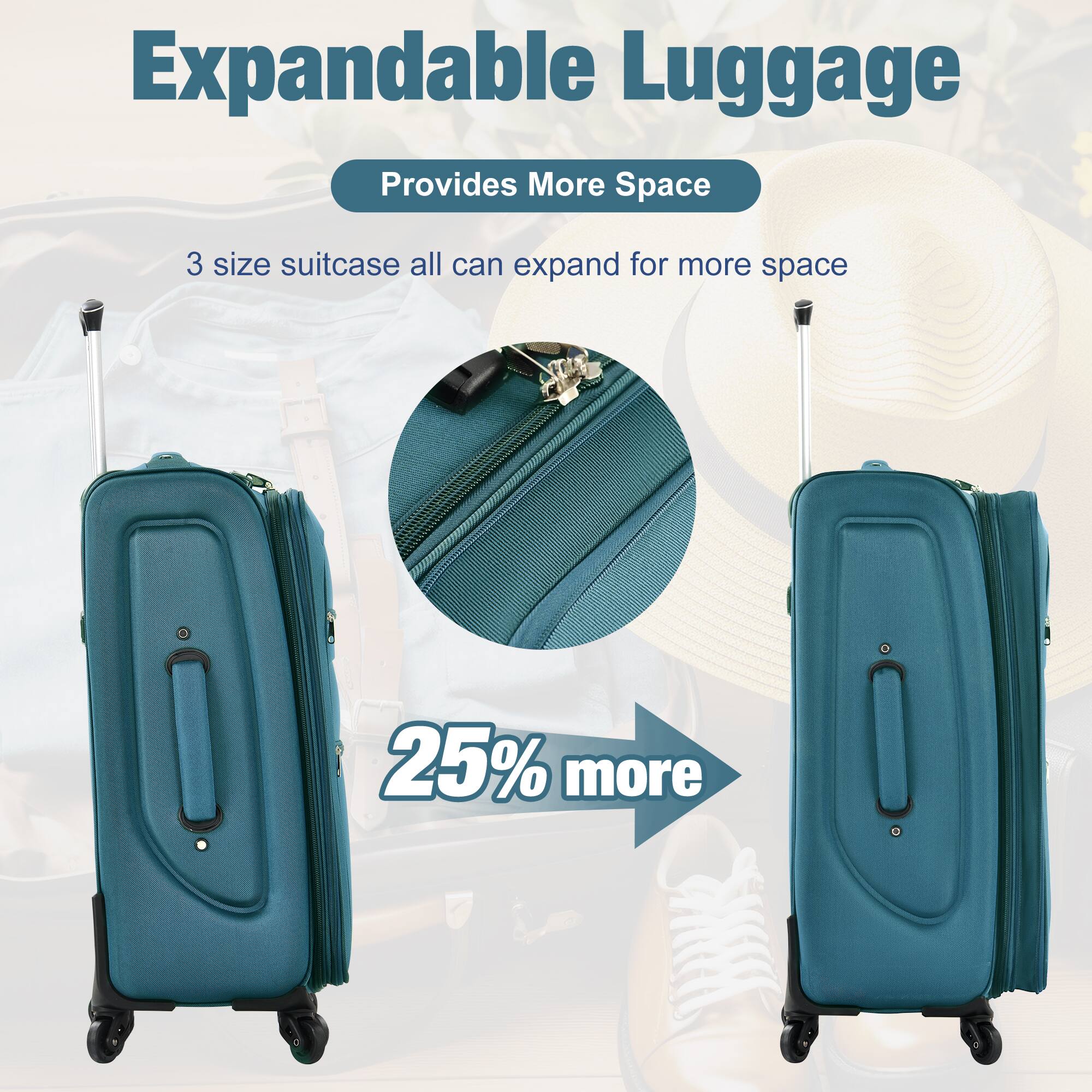 Expandable Luggage  
Provides More Space  

3 size suitcase all can expand for more space  

25% more