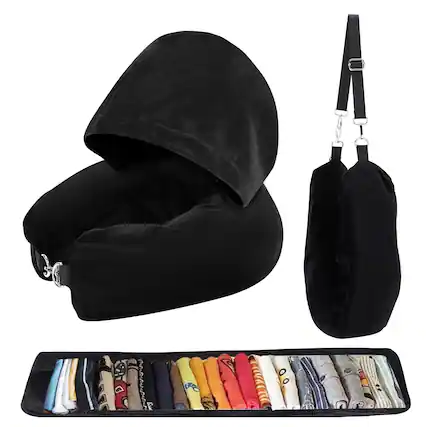 Front. Pacoar Cade - Stuffable Travel Neck Pillow With Hood Soft Clothes Adjustable Size Multifunctional Fillable Airplane For Extra Luggage - Default.