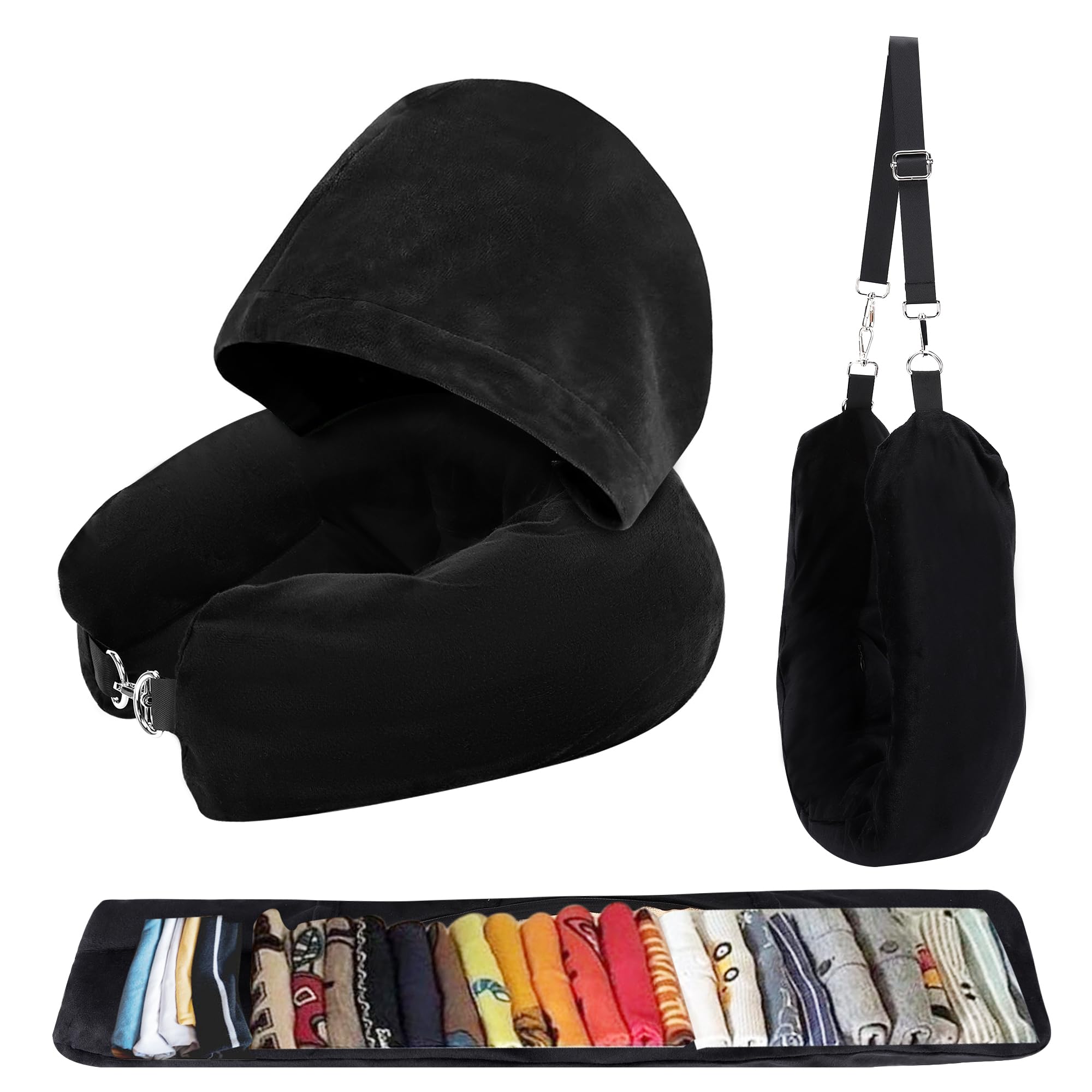 Front. Pacoar Cade - Stuffable Travel Neck Pillow With Hood Soft Clothes Adjustable Size Multifunctional Fillable Airplane For Extra Luggage - Default.