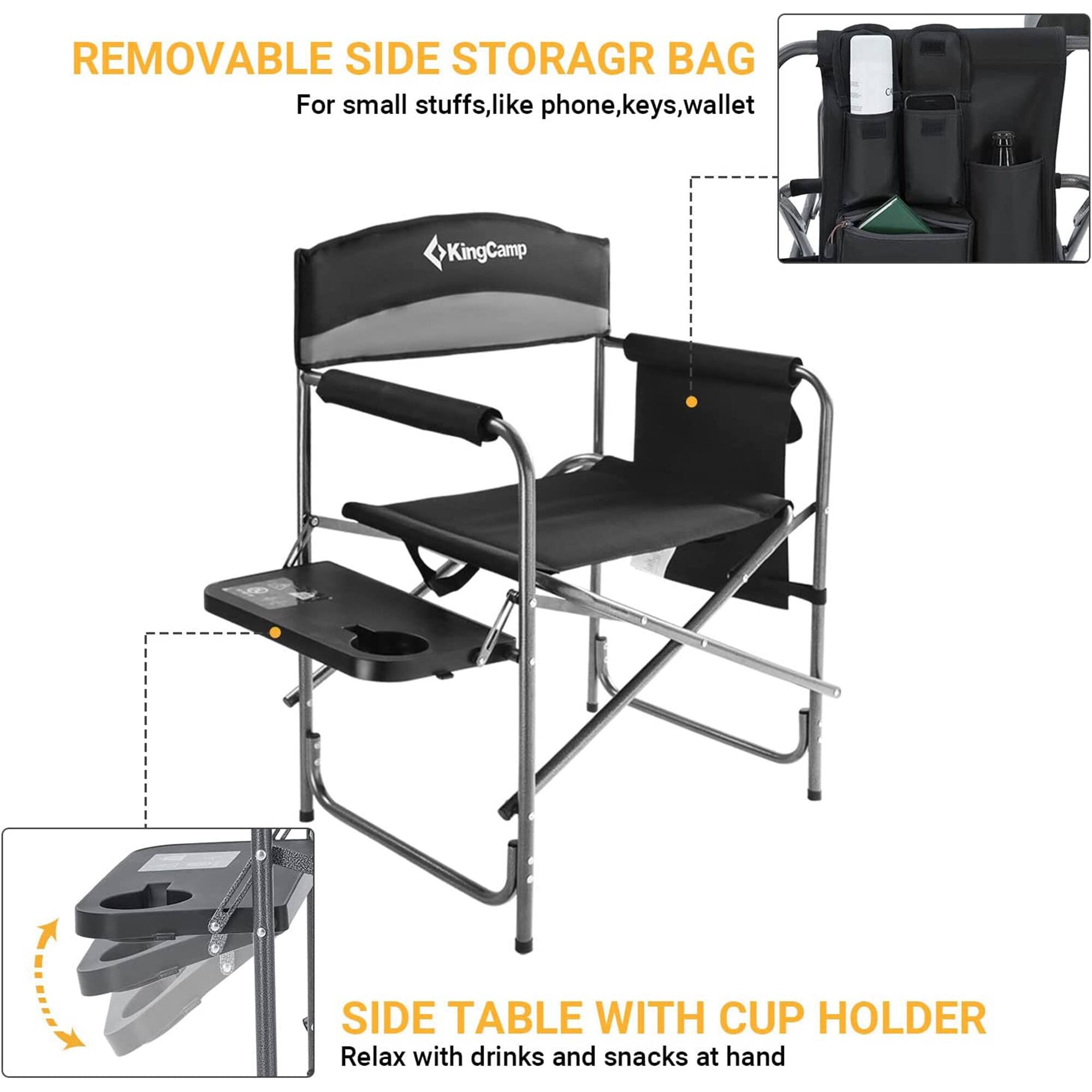 REMOVABLE SIDE STORAGE BAG  
For small stuffs, like phone, keys, wallet  

SIDE TABLE WITH CUP HOLDER  
Relax with drinks and snacks at hand