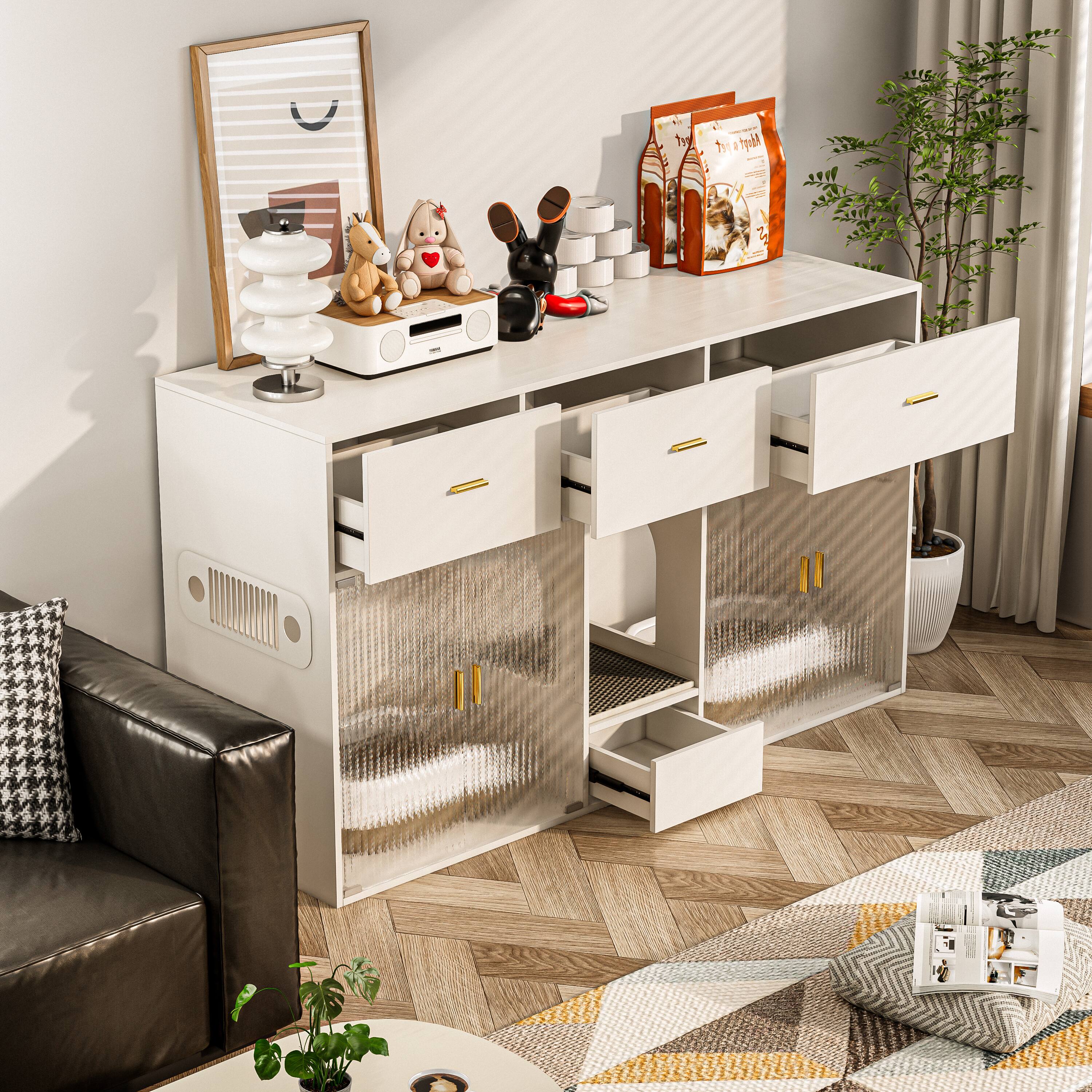 Alt View 1. MSOOB - Cat Litter Box Enclosure for 2 Cats, 61.4'' Furniture Style Double Hidden Kitten Litter Box Cat Cabinet with Storage - White.