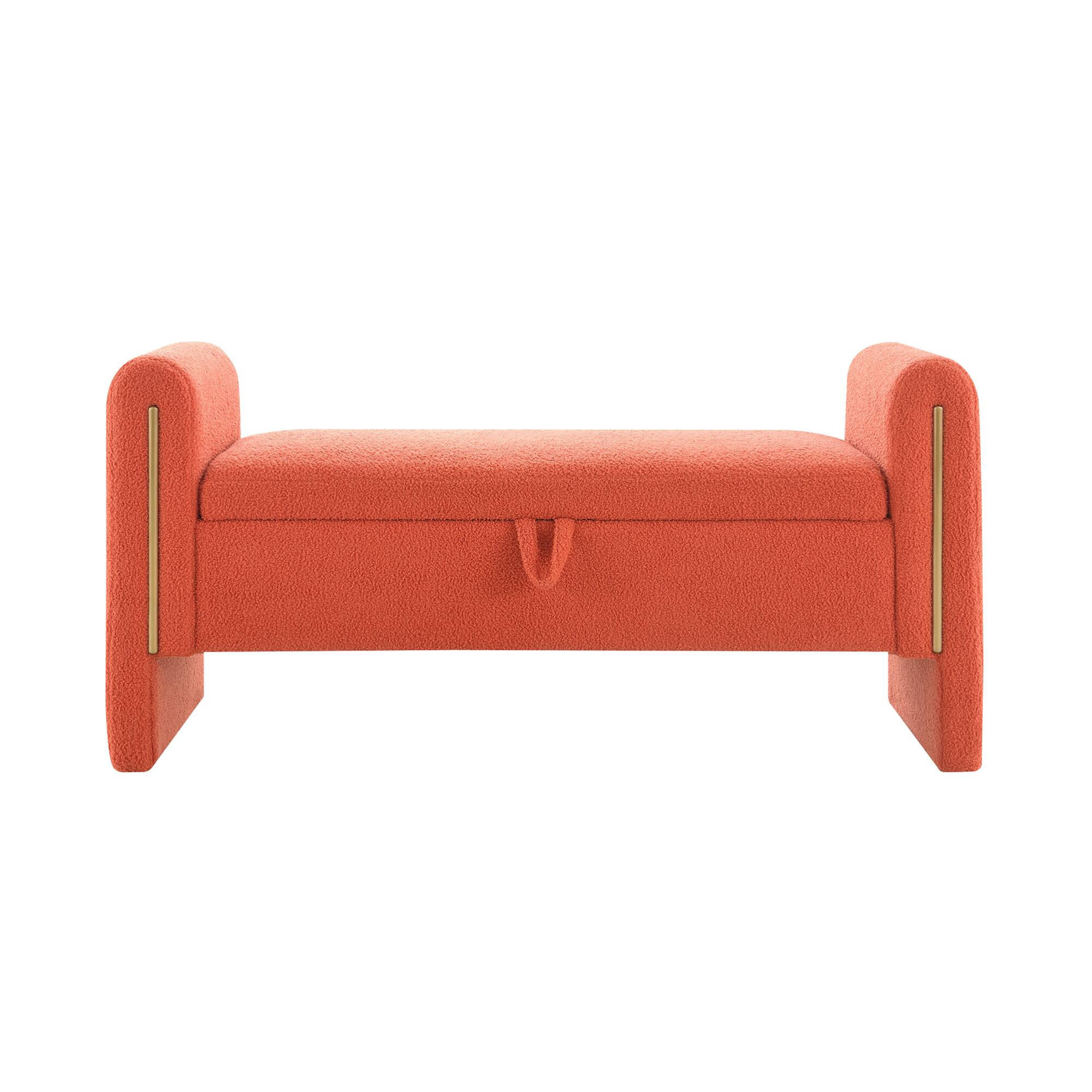 Back. GOODSILO - Modern Upholstered Storage Bench with Arms, Large Foot Rest Stool for Living Room and Bedroom - Orange.