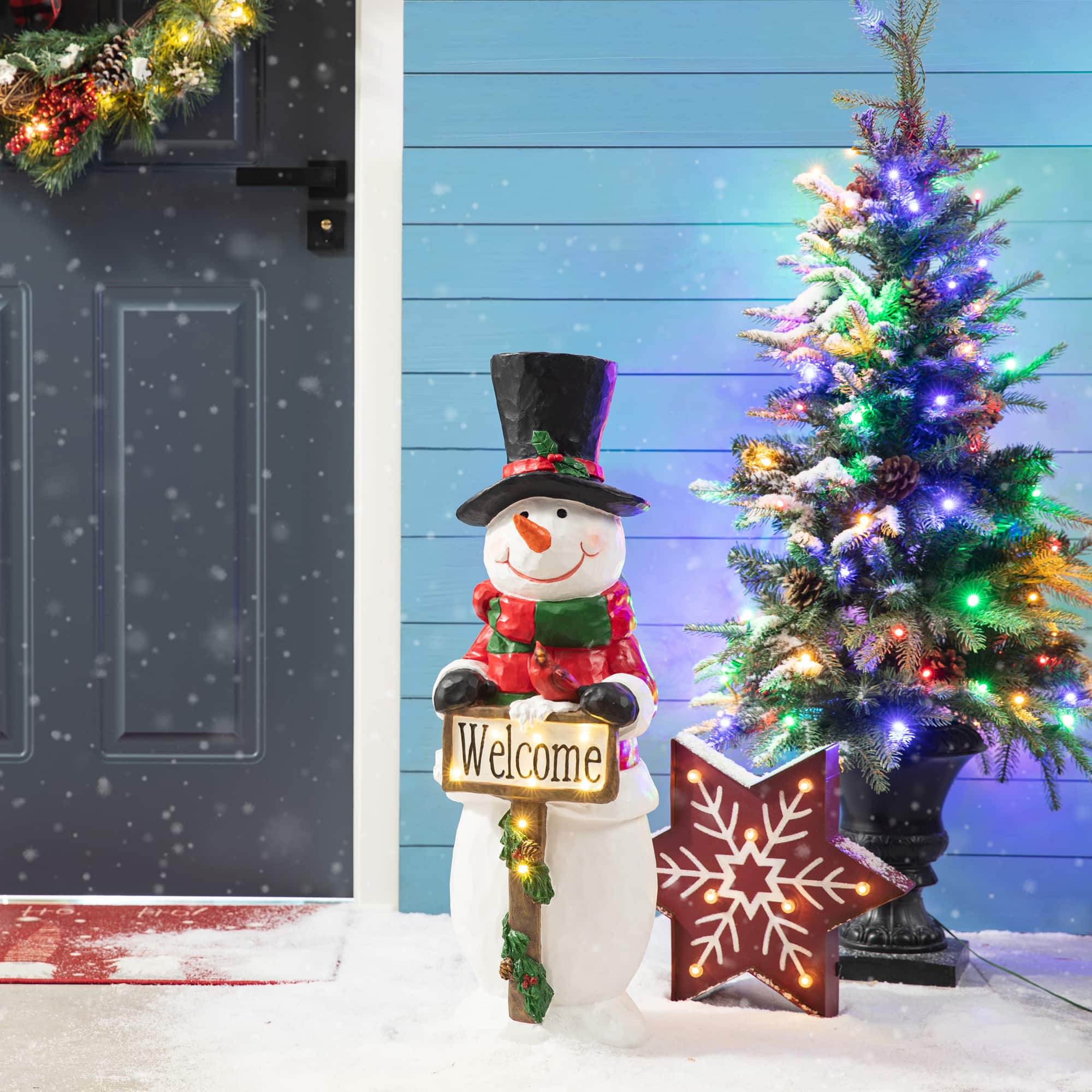Glitzhome - 29.25"H Christmas Resin Snowman Porch Decor with 8 Warm Lights & Timer - Multi-Colored