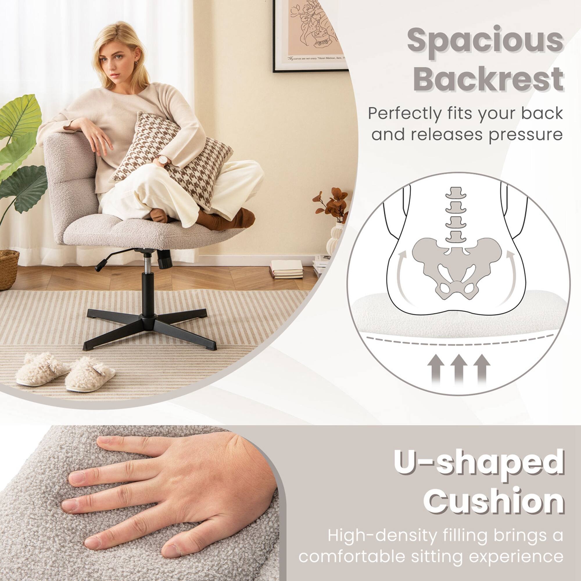 Spacious Backrest Perfectly fits your back and releases pressure. U-shaped Cushion High-density filling brings a comfortable sitting experience.