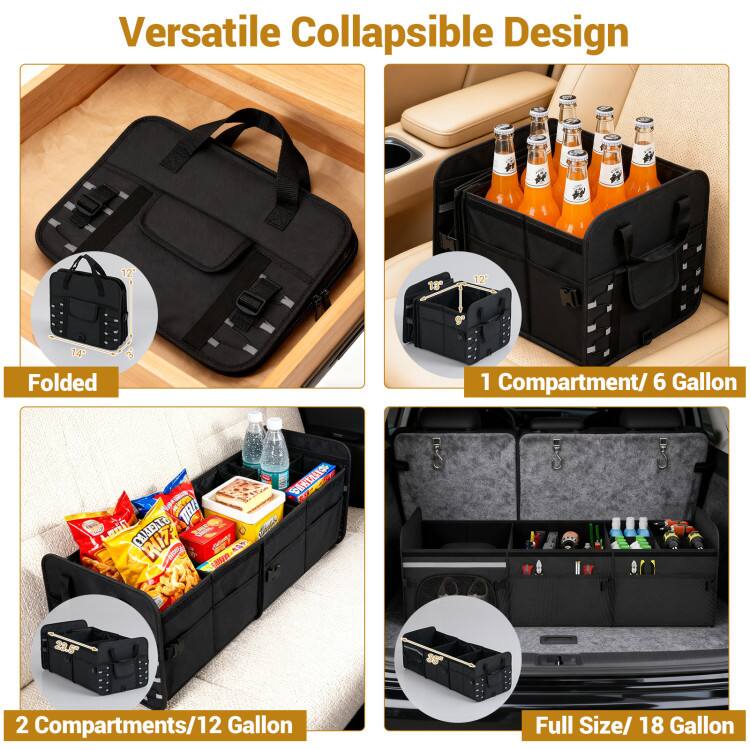 Versatile Collapsible Design

12" x 14" Folded

1 Compartment/6 Gallon

2 Compartments/12 Gallon

Full Size/18 Gallon