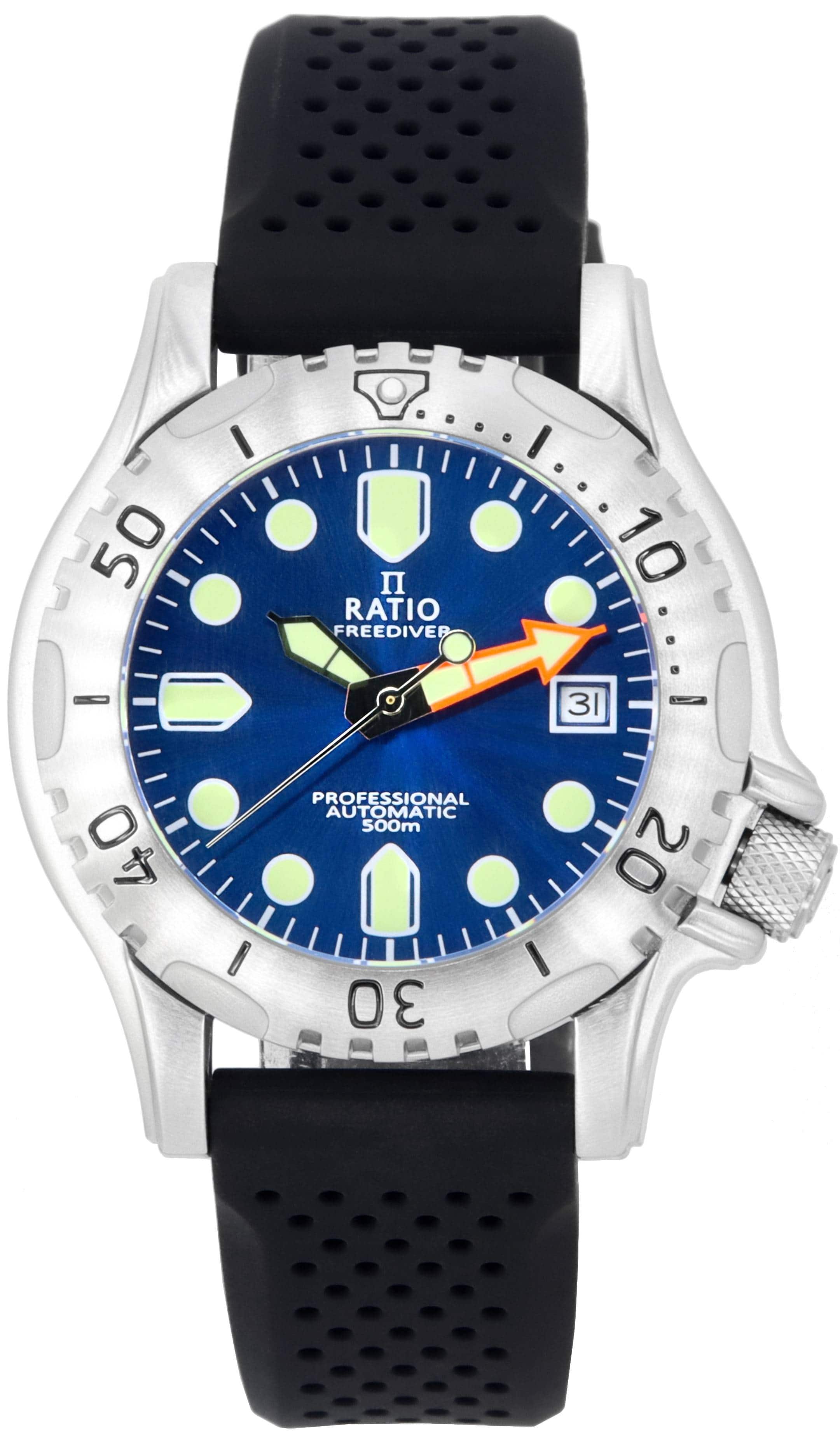 RATIO - FreeDiver Professional Sapphire Blue Sunray Dial Automatic RTF019 500M Men's Watch - Silver and black