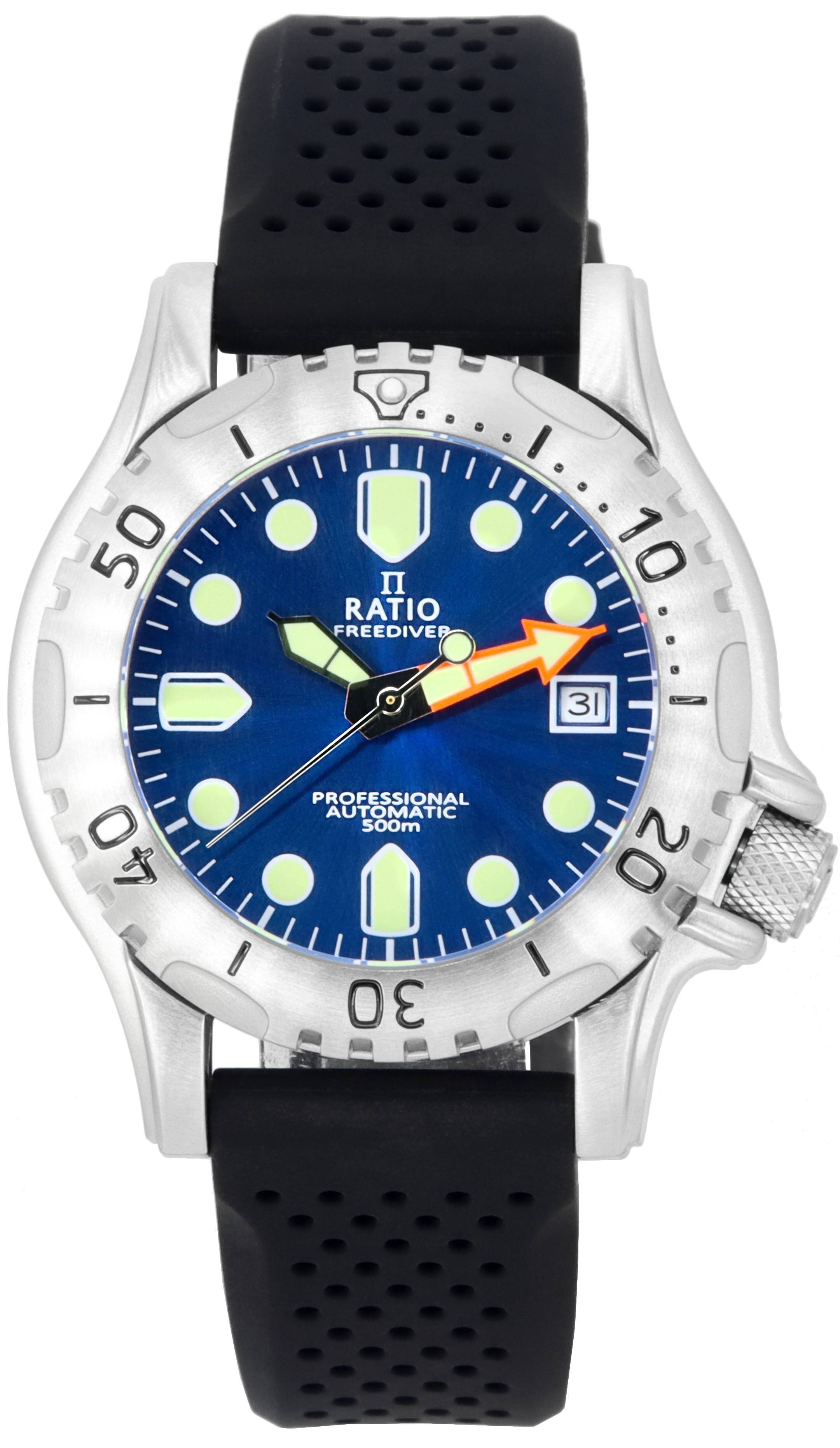 RATIO - FreeDiver Professional Sapphire Blue Sunray Dial Automatic RTF019 500M Men's Watch - Silver and black