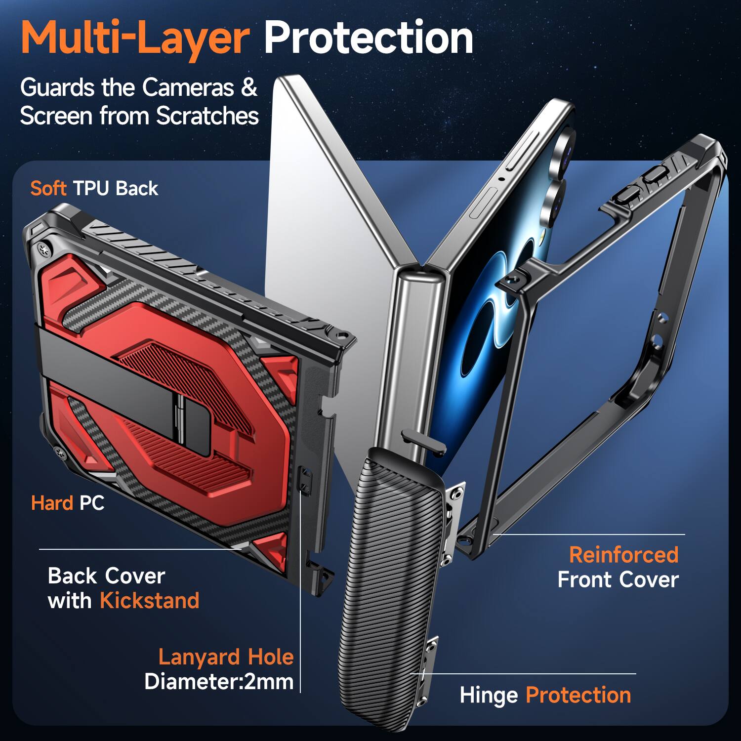 Multi-Layer Protection  
Guards the Cameras & Screen from Scratches  

Soft TPU Back  
Hard PC  
Back Cover with Kickstand  
Reinforced Front Cover  
Lanyard Hole Diameter: 2mm  
Hinge Protection