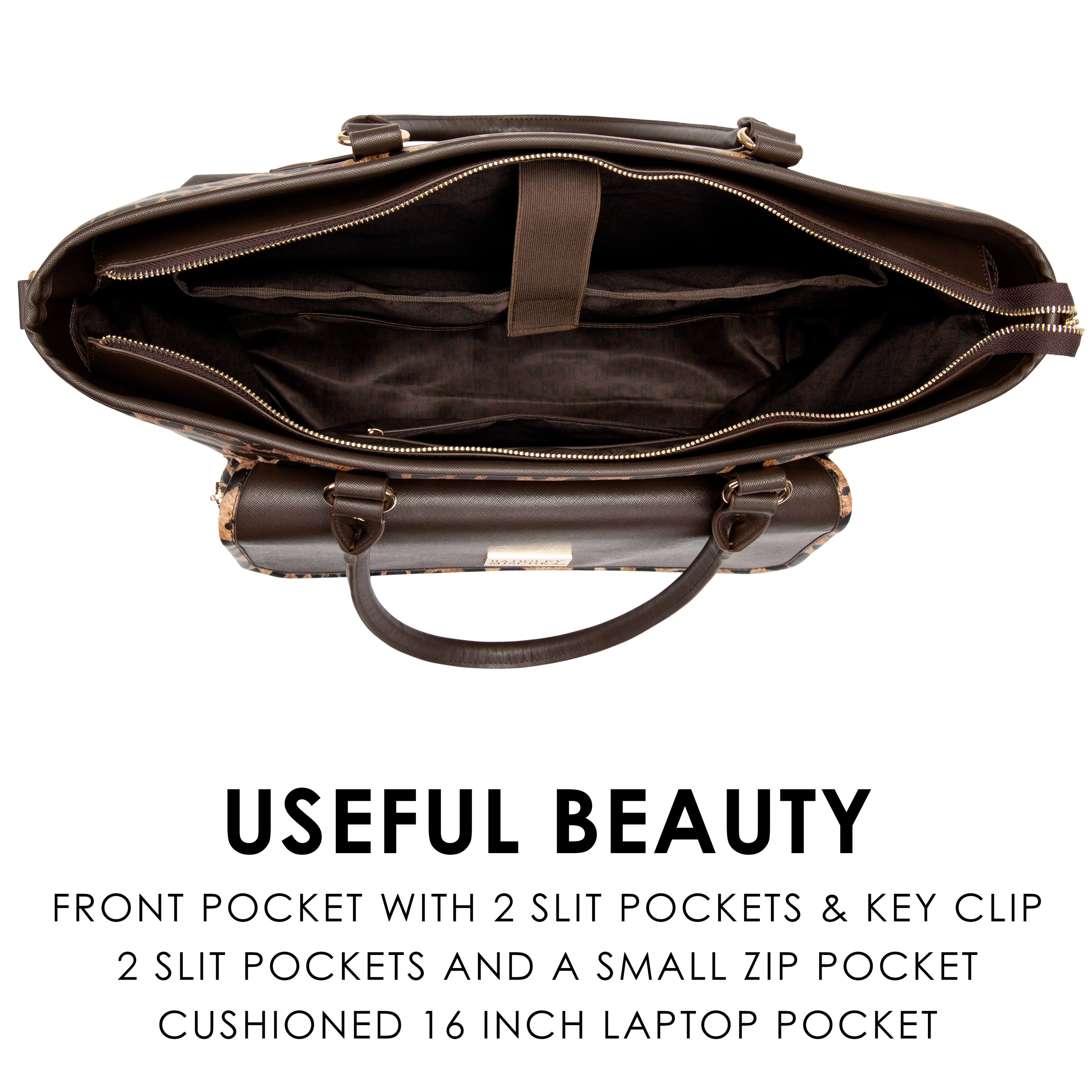 USEFUL BEAUTY  
FRONT POCKET WITH 2 SLIT POCKETS & KEY CLIP  
2 SLIT POCKETS AND A SMALL ZIP POCKET  
CUSHIONED 16 INCH LAPTOP POCKET