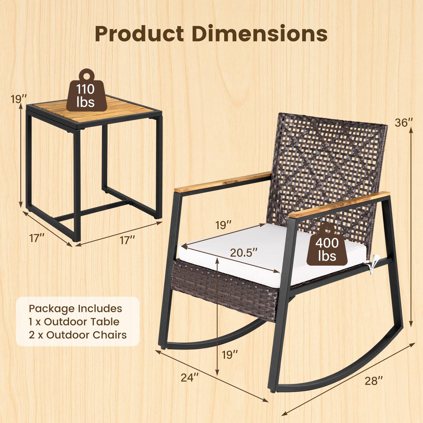 Product Dimensions: 19" x 110 lbs x 36" x 17" x 17" x 19" x 20.5" x 400 lbs

Package Includes: 1 x Outdoor Table, 2 x Outdoor Chairs