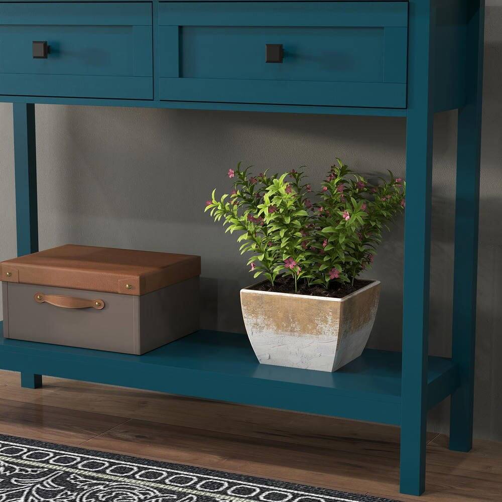 Alt View 4. Kadyn - Farmhouse Style Console Table - 2 Drawers & Bottom Storage Shelf, Rustic Side Table for Entryway, Living Room, Hallway - Blue.