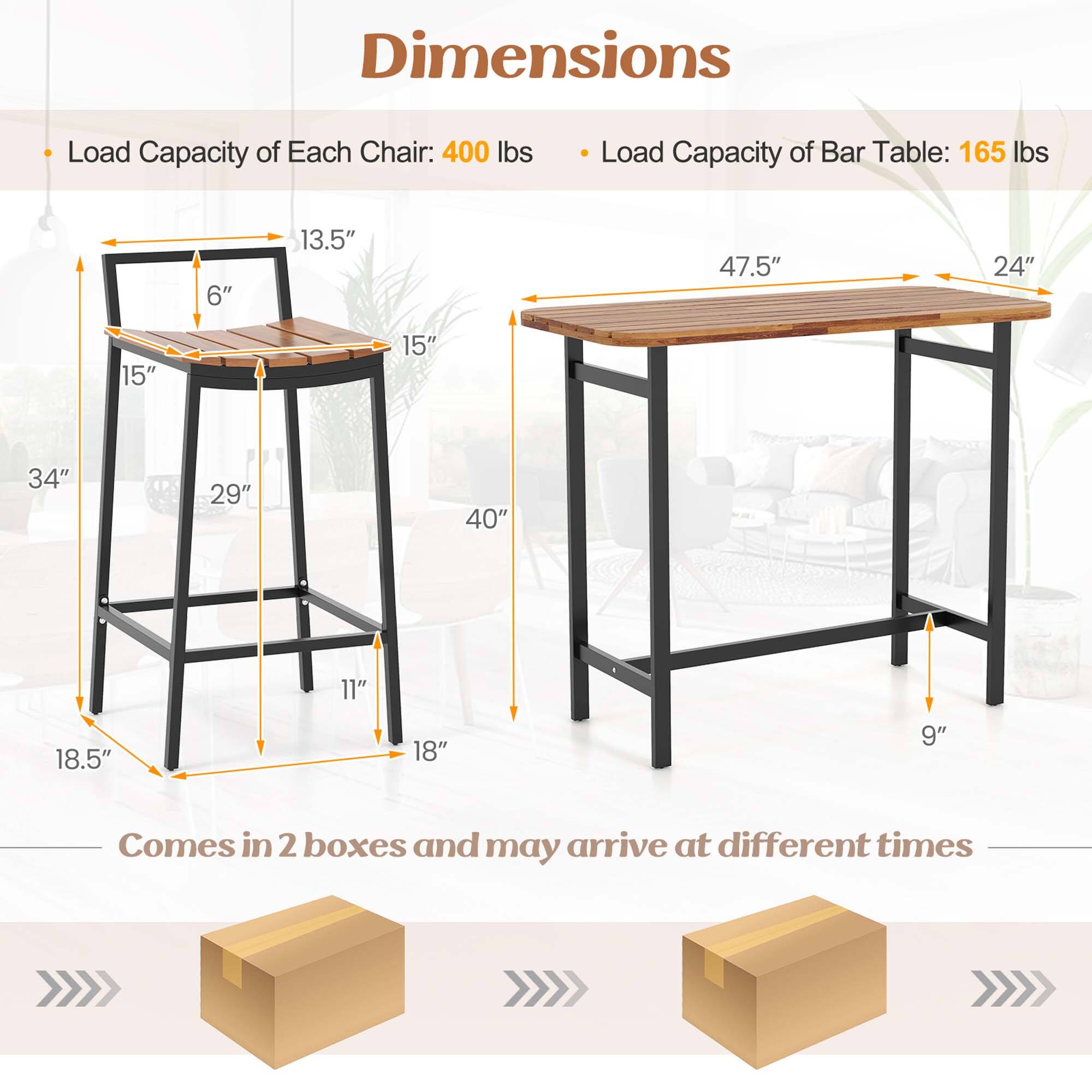 Dimensions

Load Capacity of Each Chair: 400 lbs
Load Capacity of Bar Table: 165 lbs

6" 13.5" 47.5" 24" 15" 15" 34" 29" 40" 11" 18.5" 18" 9"

Comes in 2 boxes and may arrive at different times