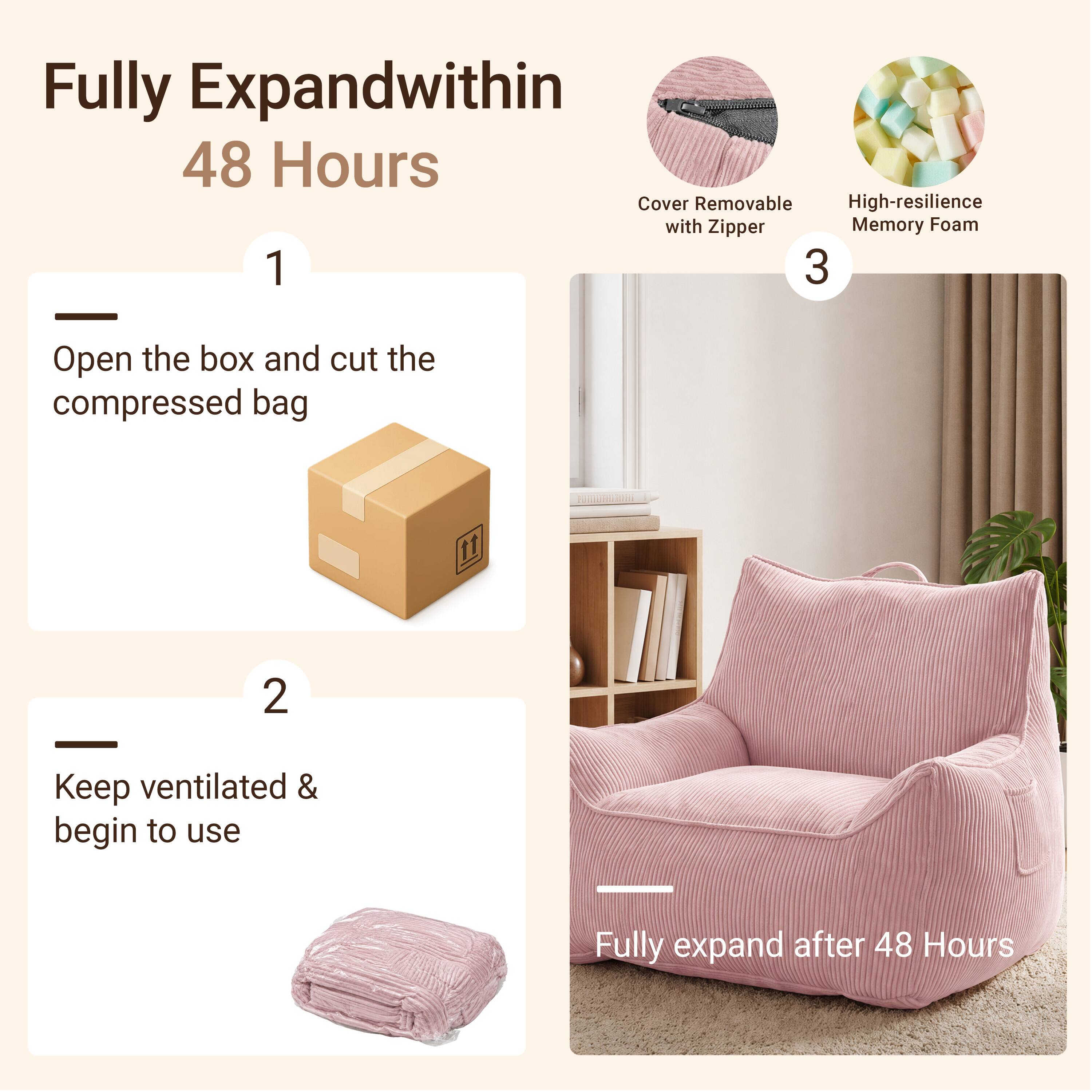 Fully Expand within 48 Hours

1. Open the box and cut the compressed bag

2. Keep ventilated & begin to use

3. Fully expand after 48 Hours

Cover Removable with Zipper

High-resilience Memory Foam