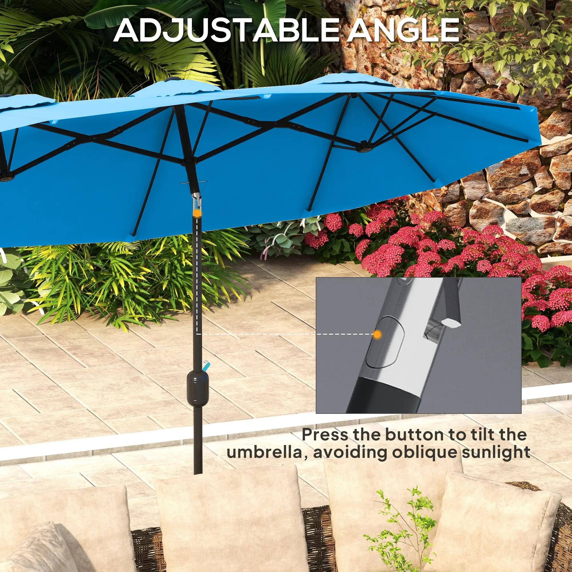 ADJUSTABLE ANGLE

Press the button to tilt the umbrella, avoiding oblique sunlight