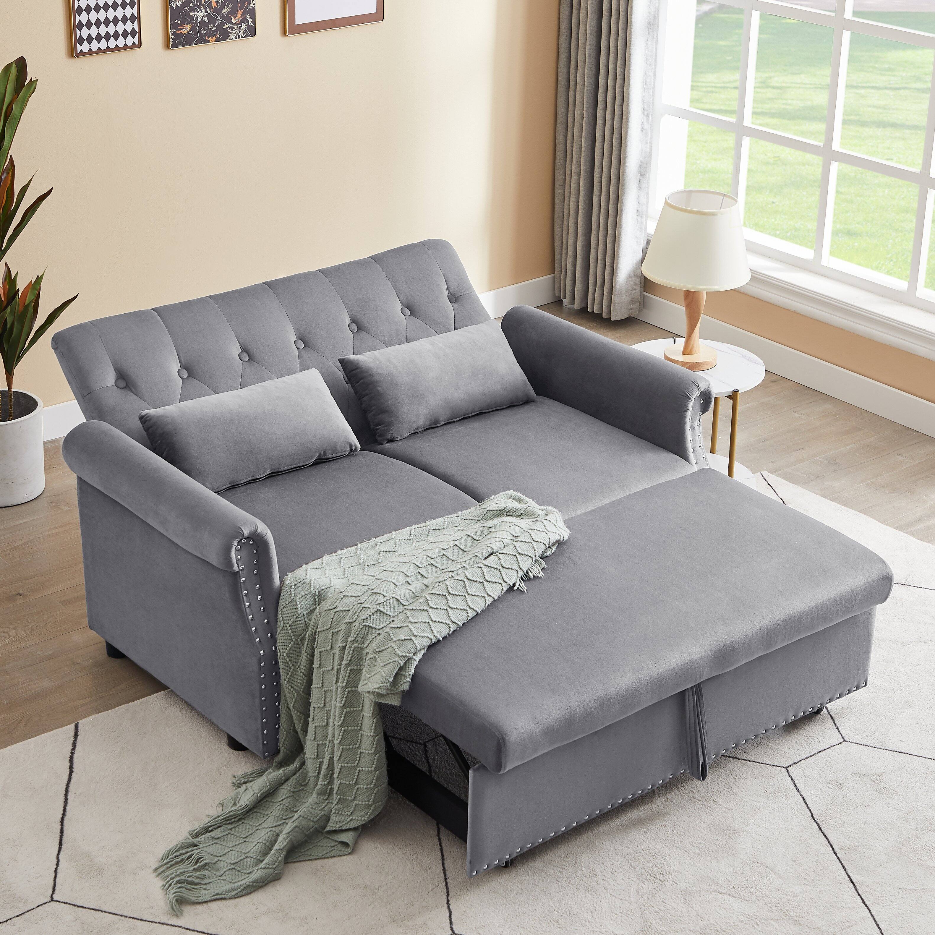 Angle. Tiramisubest - Modern Velvet Convertible Loveseat Sleeper Sofa with 2 Lumbar Pillows,Adjustable Pull-Out Bed,Removable Armrest,Gray - Gray.
