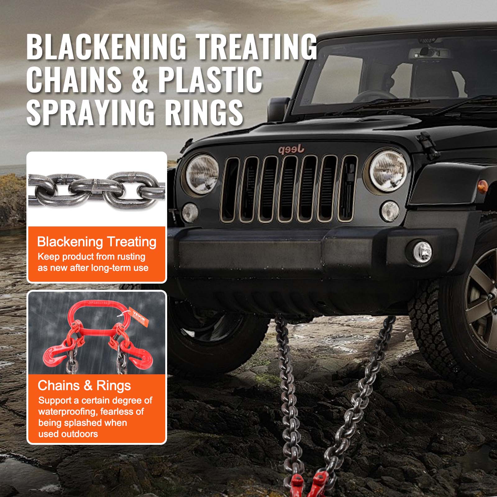 BLACKENING TREATING CHAINS & PLASTIC SPRAYING RINGS

Jeep Blackening Treating
Keep product from rusting as new after long-term use

Chains & Rings
Support a certain degree of waterproofing, fearless of being splashed when used outdoors