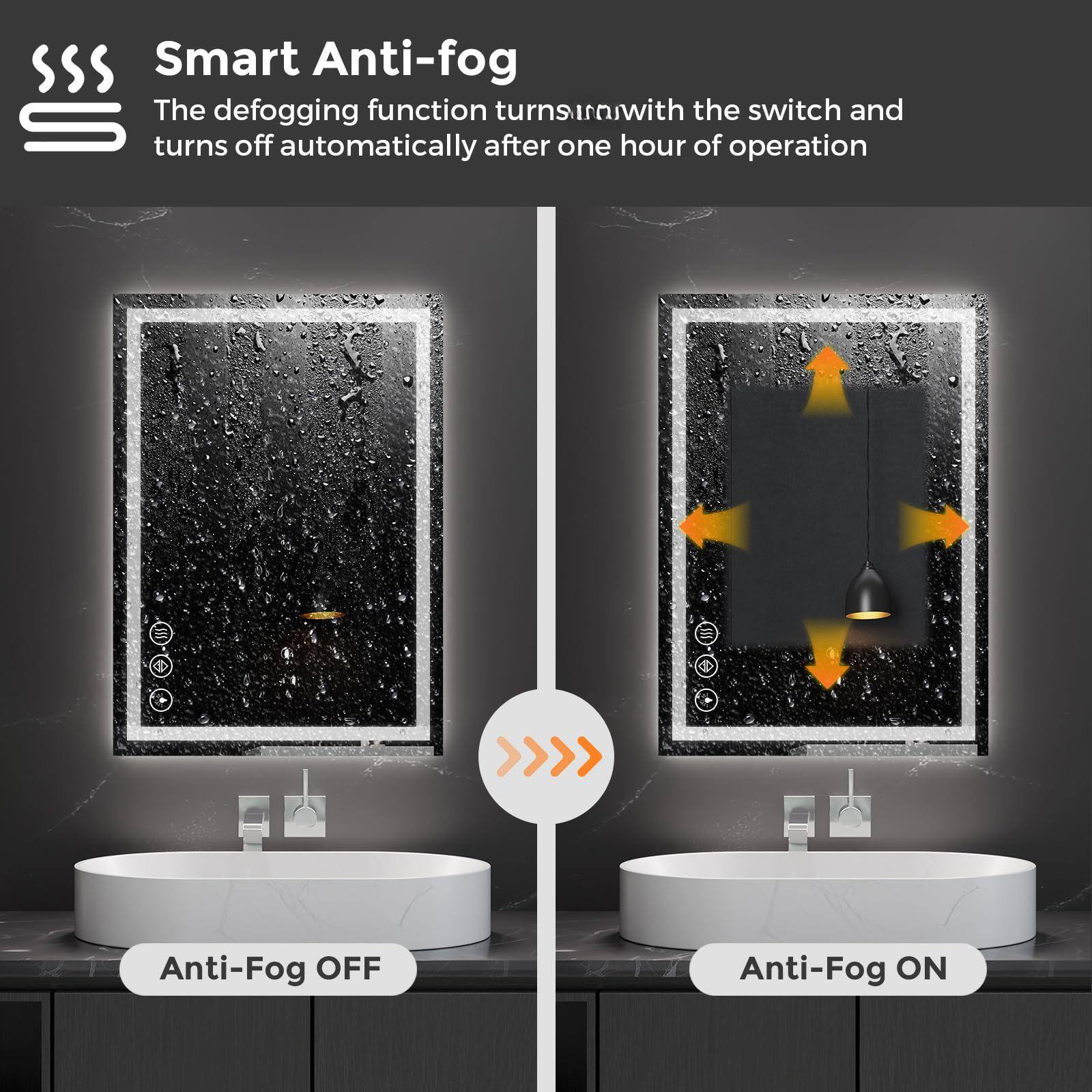 Smart Anti-fog  
The defogging function turns on with the switch and turns off automatically after one hour of operation  

Anti-Fog OFF  
Anti-Fog ON