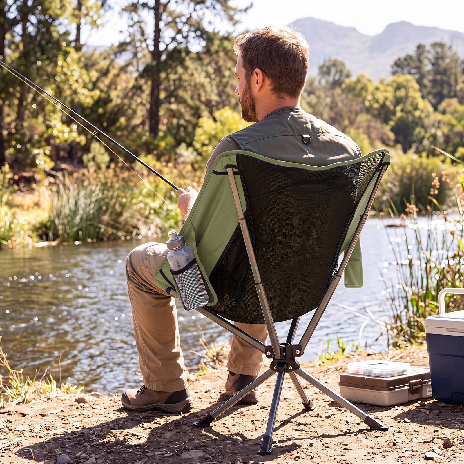 Alt View 3. Costway - Costway 360° Swivel Camping Chair, Lightweight Portable Folding Chair with Cup Holder - Green.