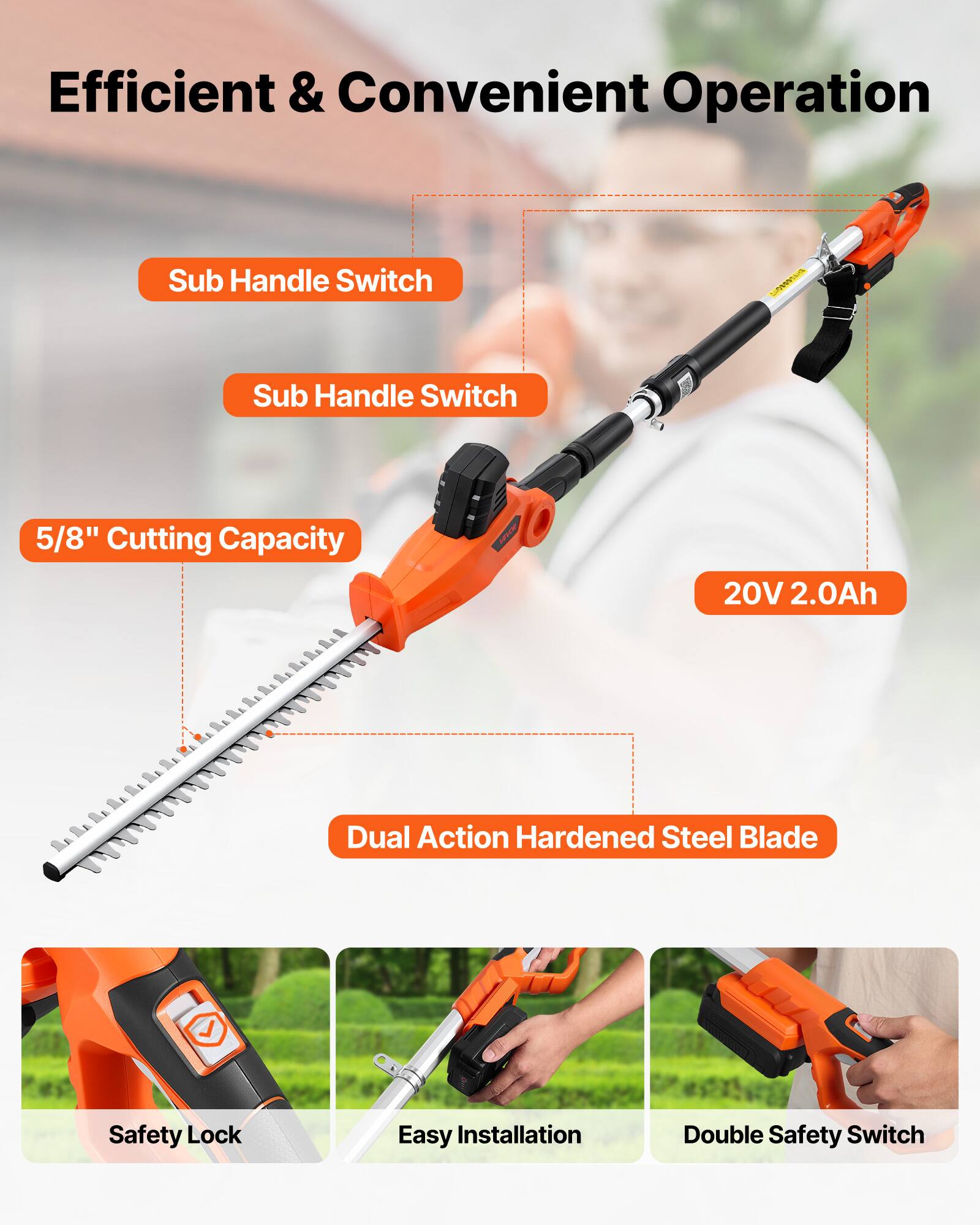 Efficient & Convenient Operation  
Sub Handle Switch  
Sub Handle Switch  
5/8" Cutting Capacity  
20V 2.0Ah  
Dual Action Hardened Steel Blade  
Safety Lock  
Easy Installation  
Double Safety Switch