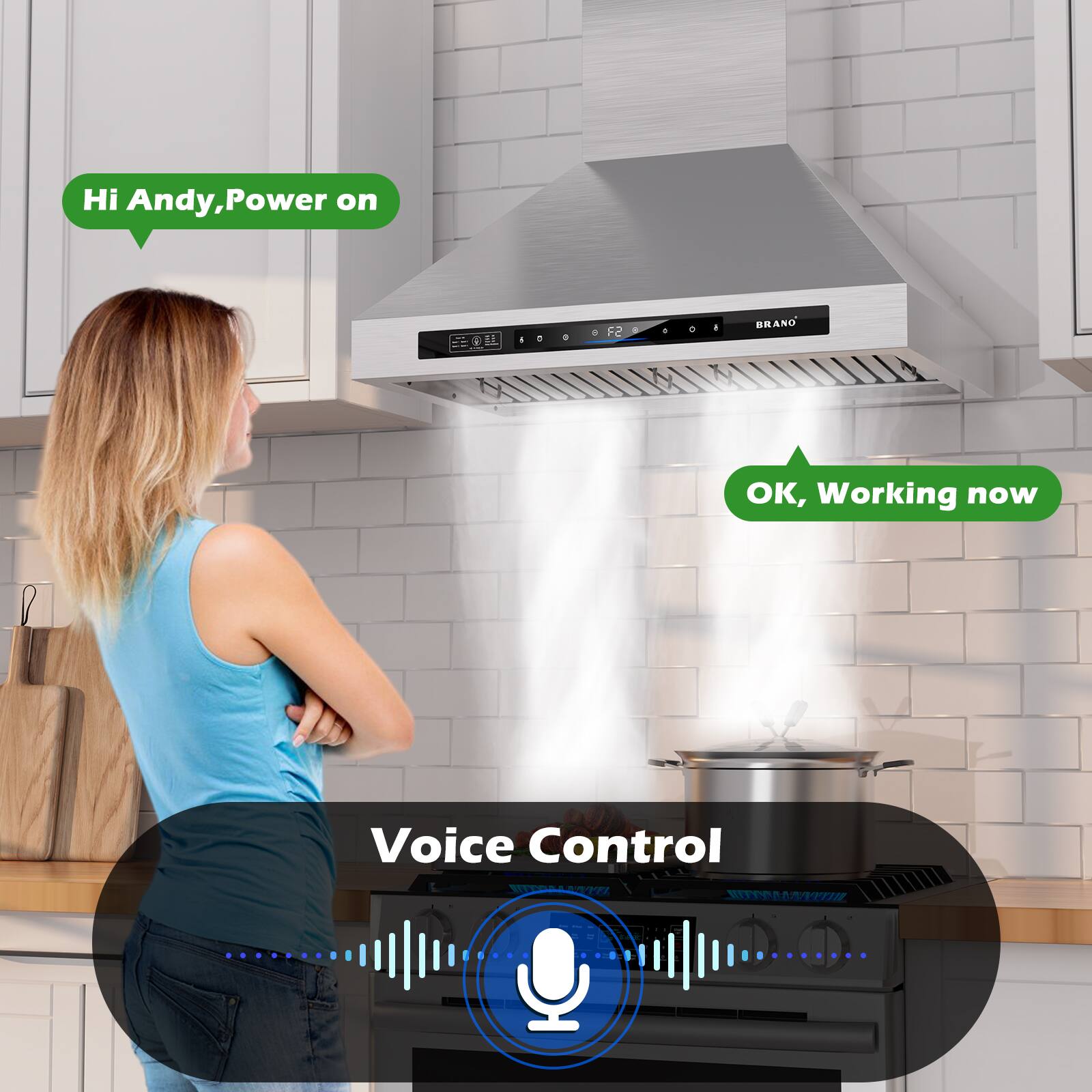 Angle. Brano - 30 inch Wall Mount Range Hood 900 CFM Kitchen Hood in Stainless Steel with Voice Control, Ducted/Ductless Convertible - Sliver.