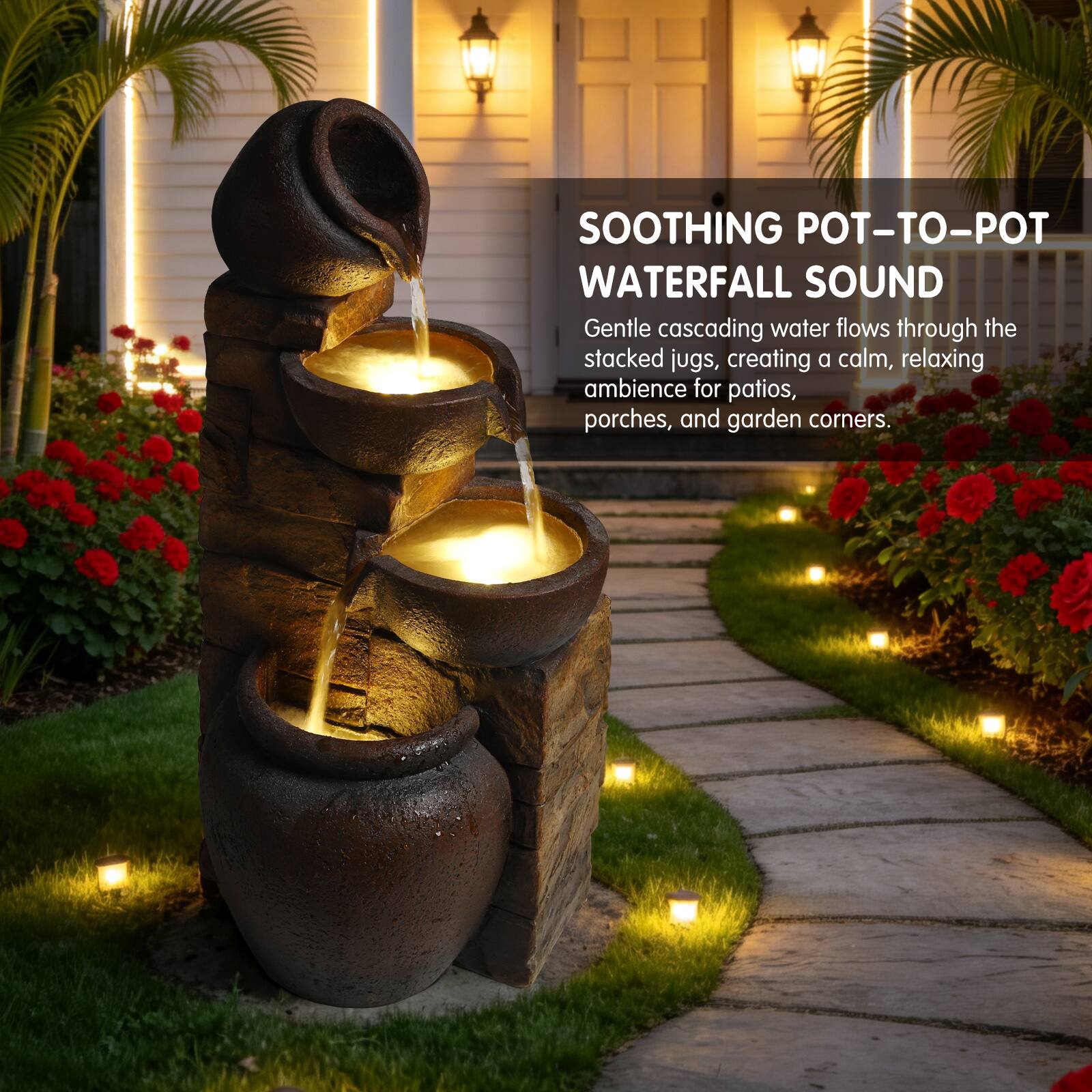 SOOTHING POT-TO-POT WATERFALL SOUND

Gentle cascading water flows through the stacked jugs, creating a calm, relaxing ambience for patios, porches, and garden corners.