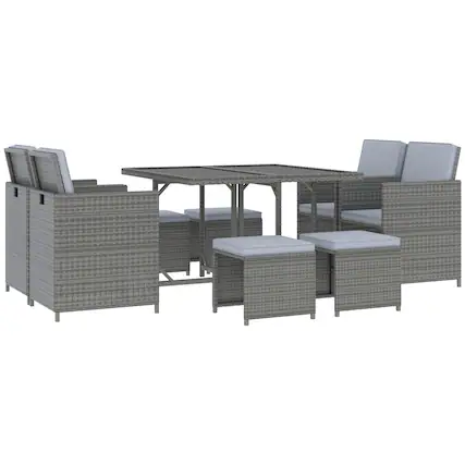Front. Outsunny - 9 Pieces Outdoor Dining Set for 8, Space Saving Wicker Chairs and Square Glass Table with Cushions and Ottomans - Mixed Gray/Gray.