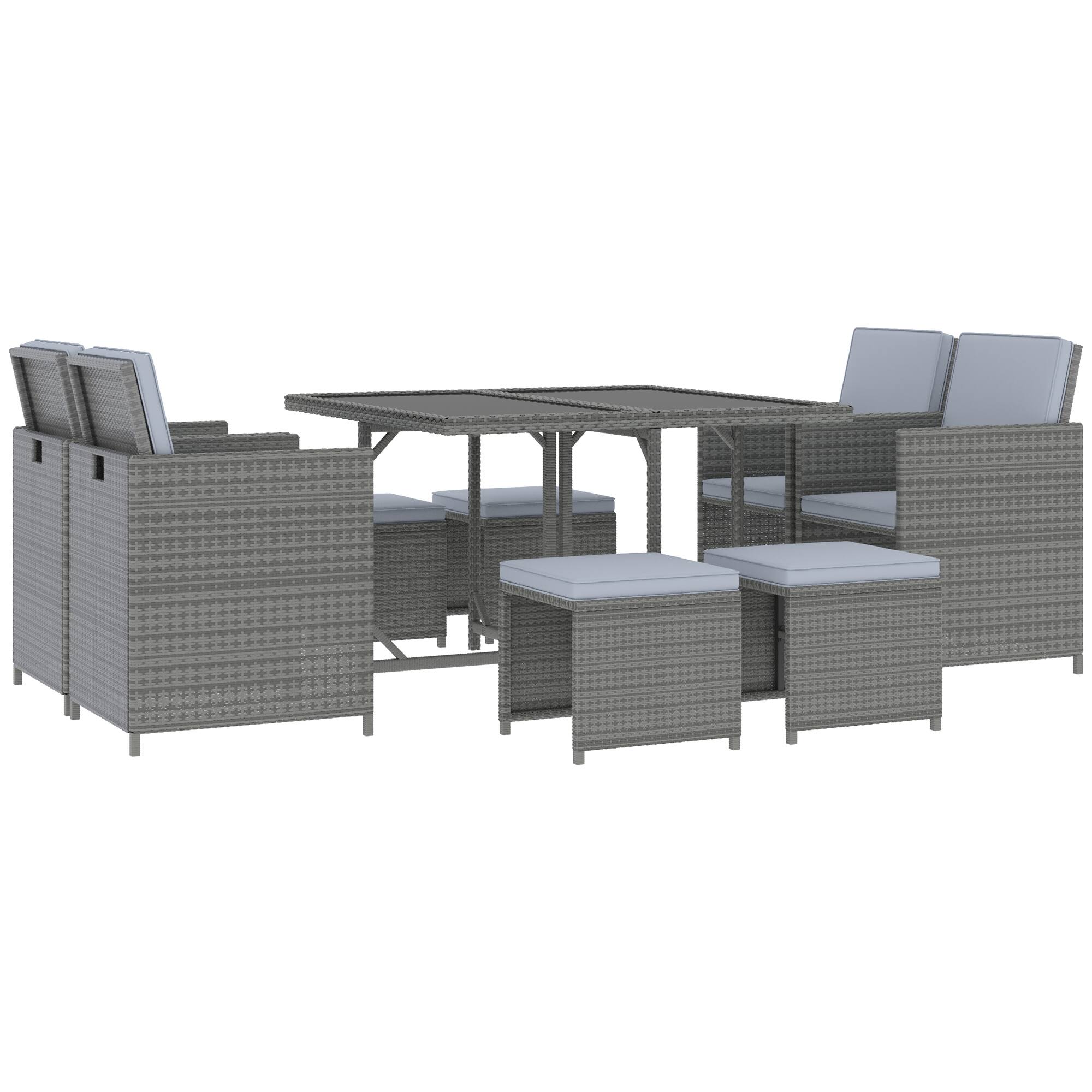 Outsunny - 9 Pieces Outdoor Dining Set for 8, Space Saving Wicker Chairs and Square Glass Table with Cushions and Ottomans - Mixed Gray/Gray