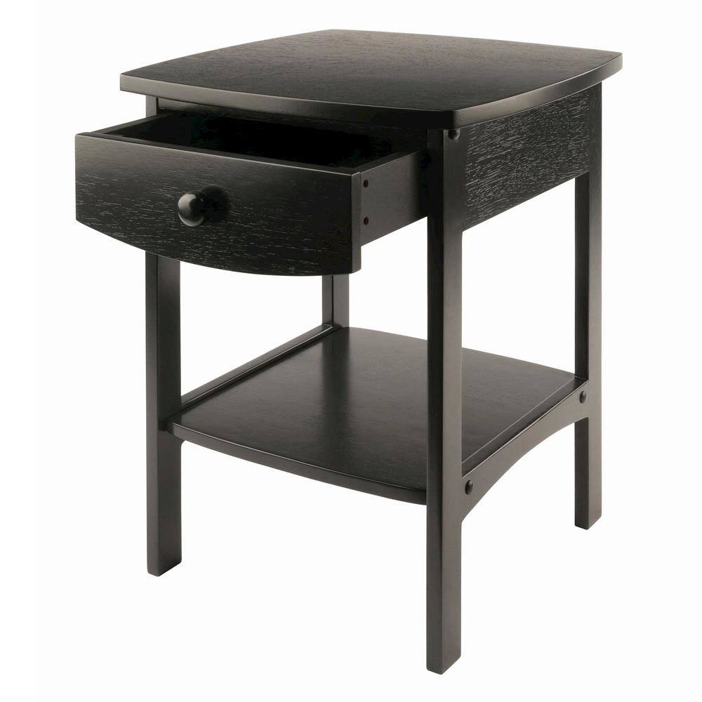 Alt View 2. FurniFact - Mid Century Nightstand In Solid Wood Black Finish With Drawer And Shelf - Black.