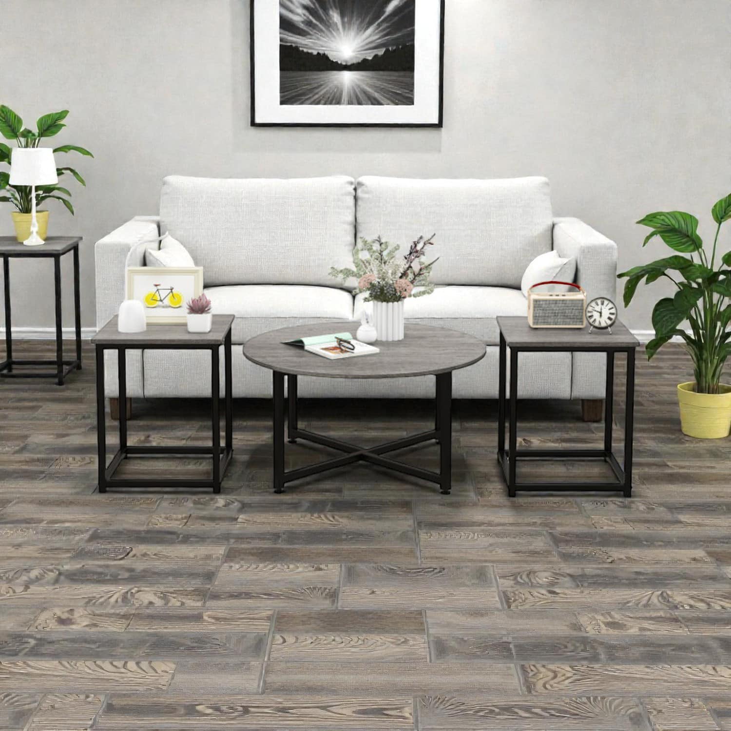 Hivvago - Round Coffee Table with Two Matching Square Side Tables Set - Gray