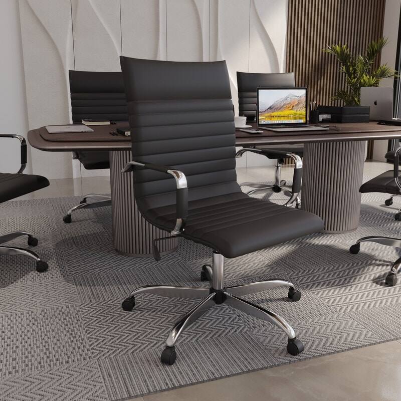 Angle. LeisureMod - Harris High-Back Office Chair, Leather Upholstery with Gold Metal Frame Modern Armless Desk Chair for Conference Seating - Black.