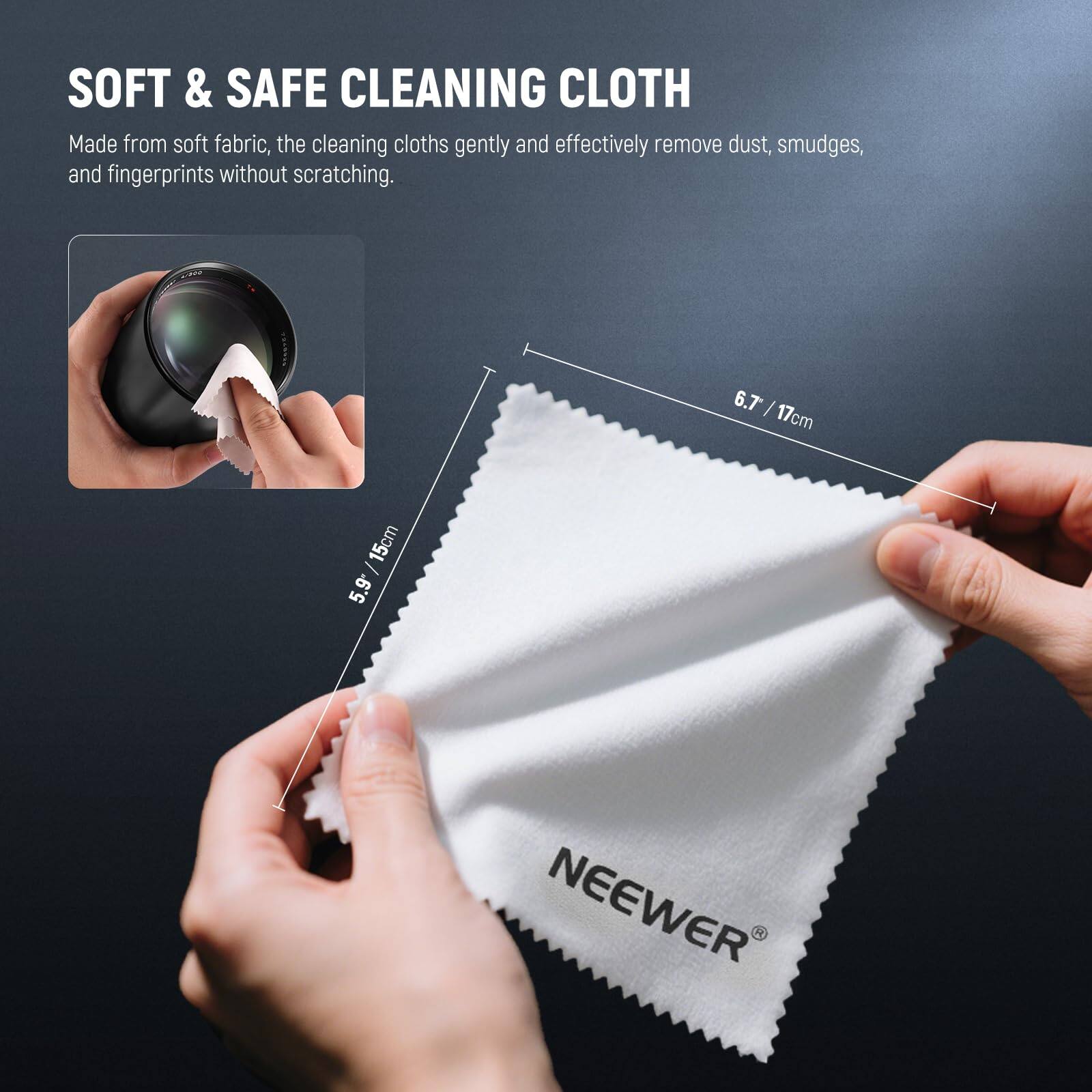 SOFT & SAFE CLEANING CLOTH

Made from soft fabric, the cleaning cloths gently and effectively remove dust, smudges, and fingerprints without scratching.

6.7 / 17cm

15cm

5.9

NEEWER