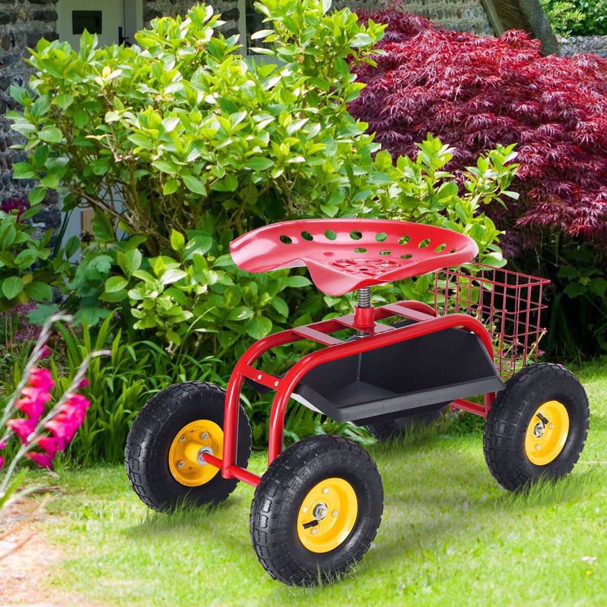 Alt View 1. Costway - Costway Rolling Tray Gardening Planting with Work Seat Garden Cart - Red.