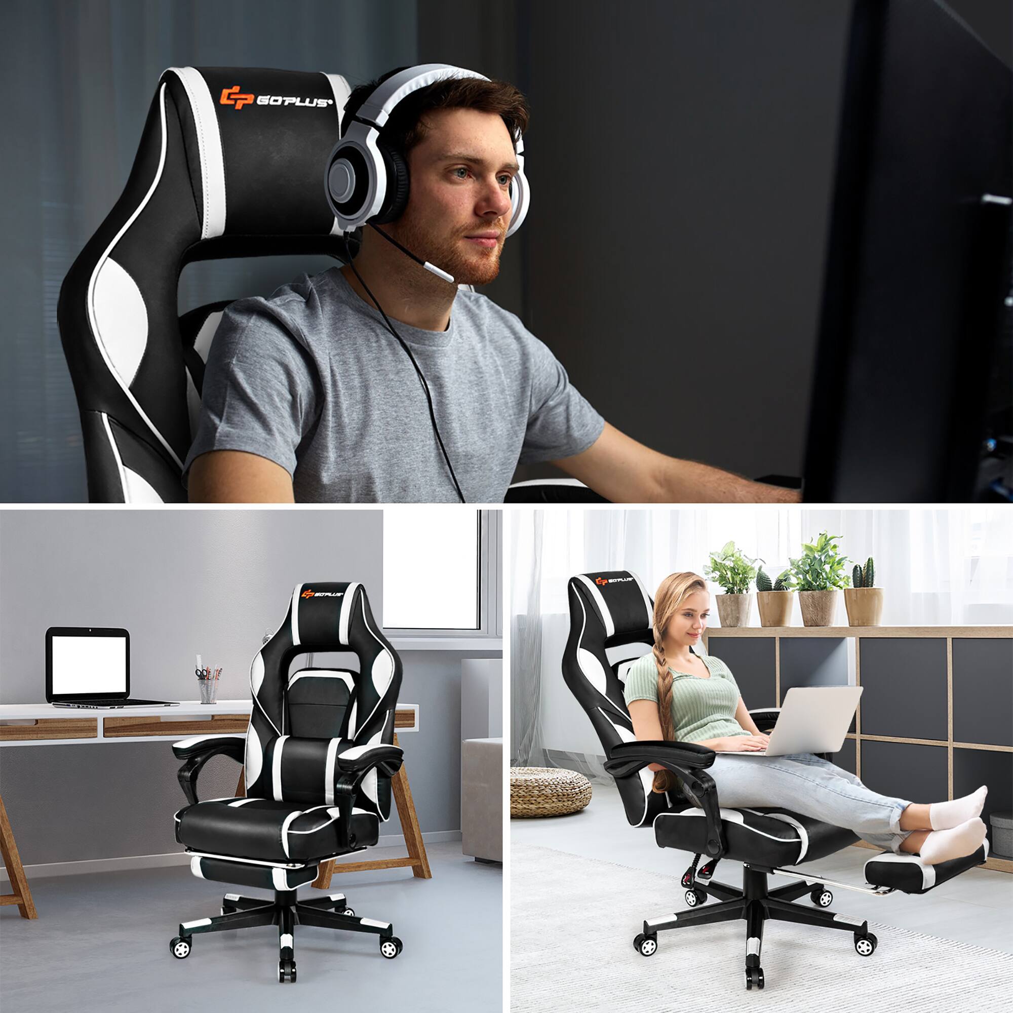 Angle. Costway - Racing Massage Gaming Chair with Footrest - White + Black.