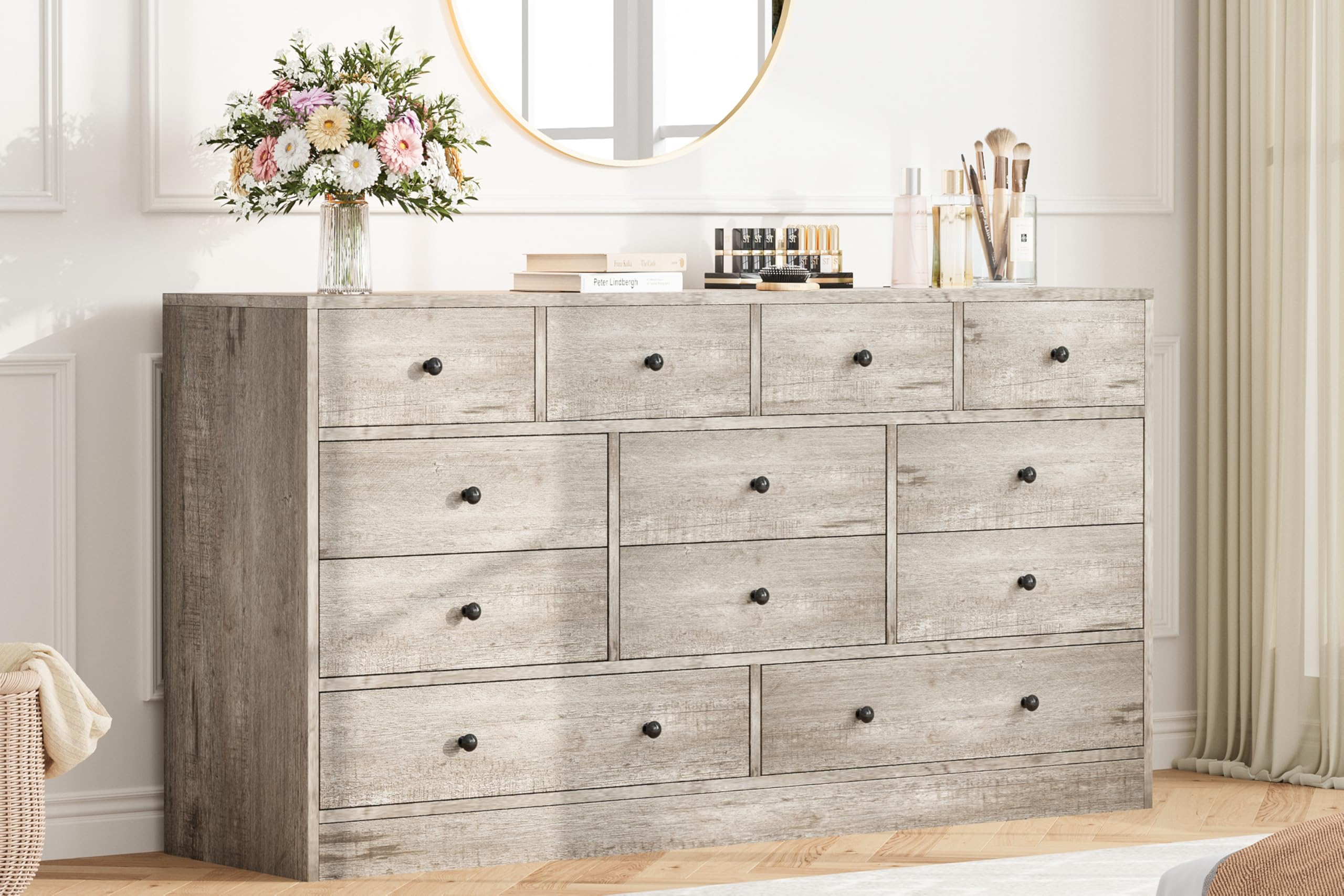 Acekool - Dresser for Bedroom,12 Drawer Dressers & Chests of Drawers, Wood Storage Drawer Dresser with Power Outlet - Gray