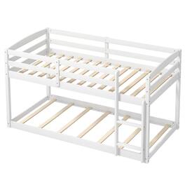 Costway - Twin over Twin Low Bunk Bed with Guardrails Integrated Ladder Kids Wooden - White