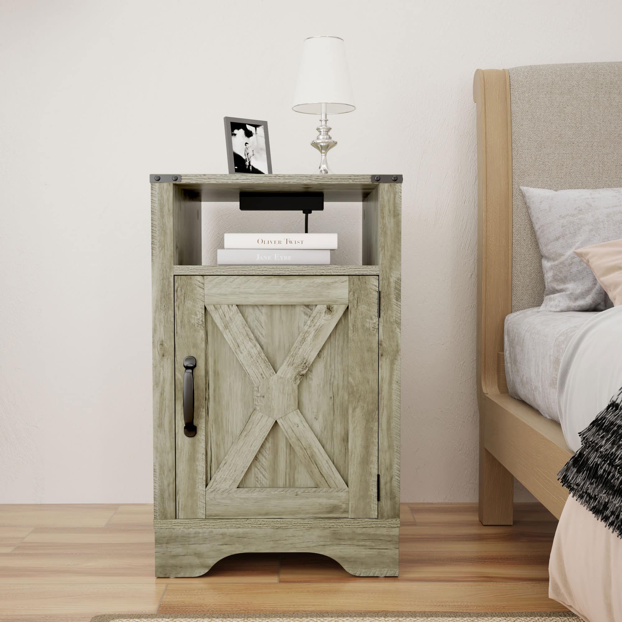 RoyalCraft - Farmhouse Nightstand, Bedroom Table with Charging Station, Light Grey - Light Gray