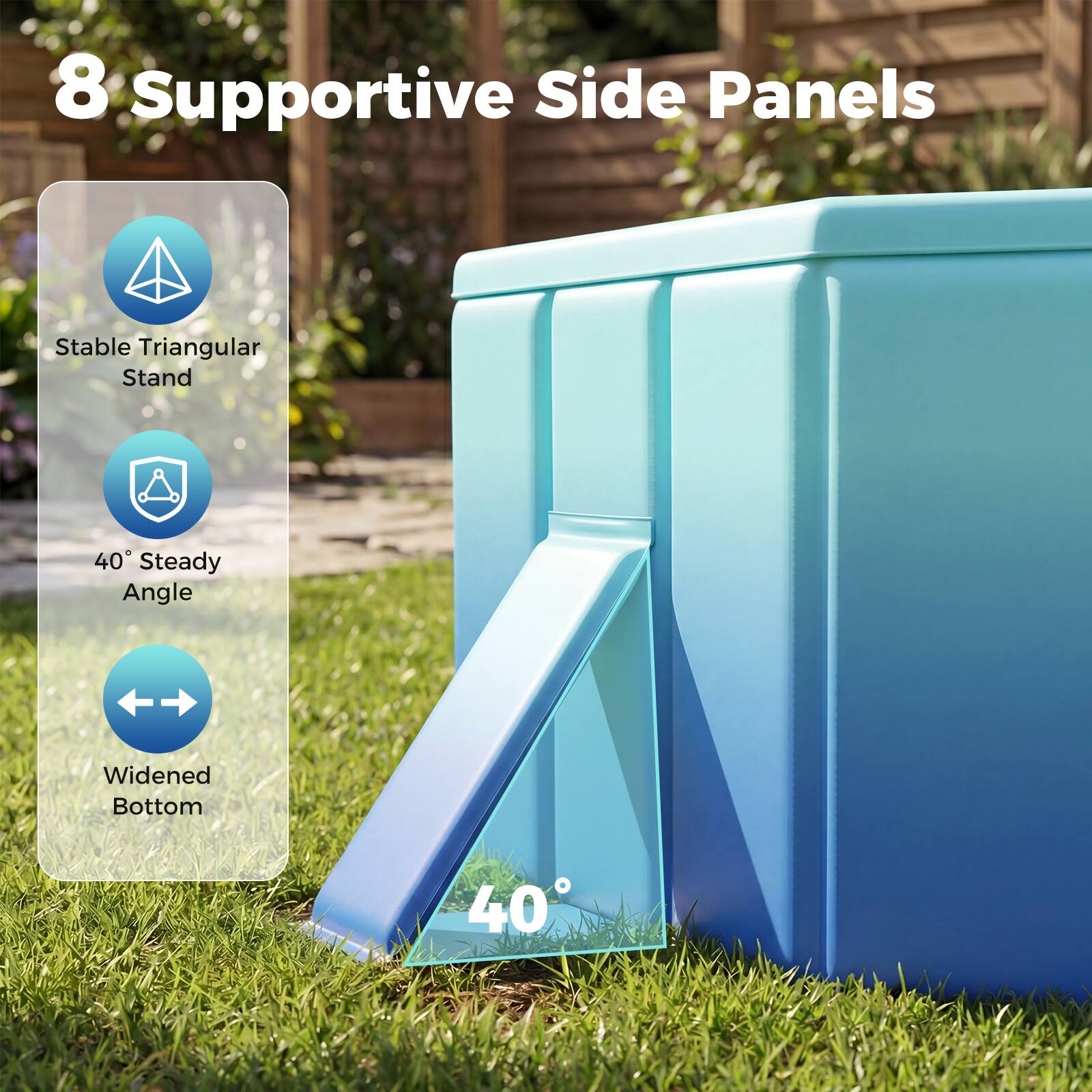 8 Supportive Side Panels  
Stable Triangular Stand  
40° Steady Angle  
Widened Bottom