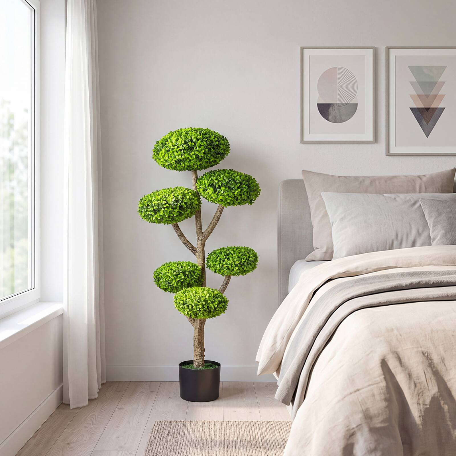 Alt View 5. Costway - Costway 2 PCS Artificial Sesame Leaf Topiary, 6 Balls Topiary Tree with Realistic Trunk Base - Green + Natural + Black.