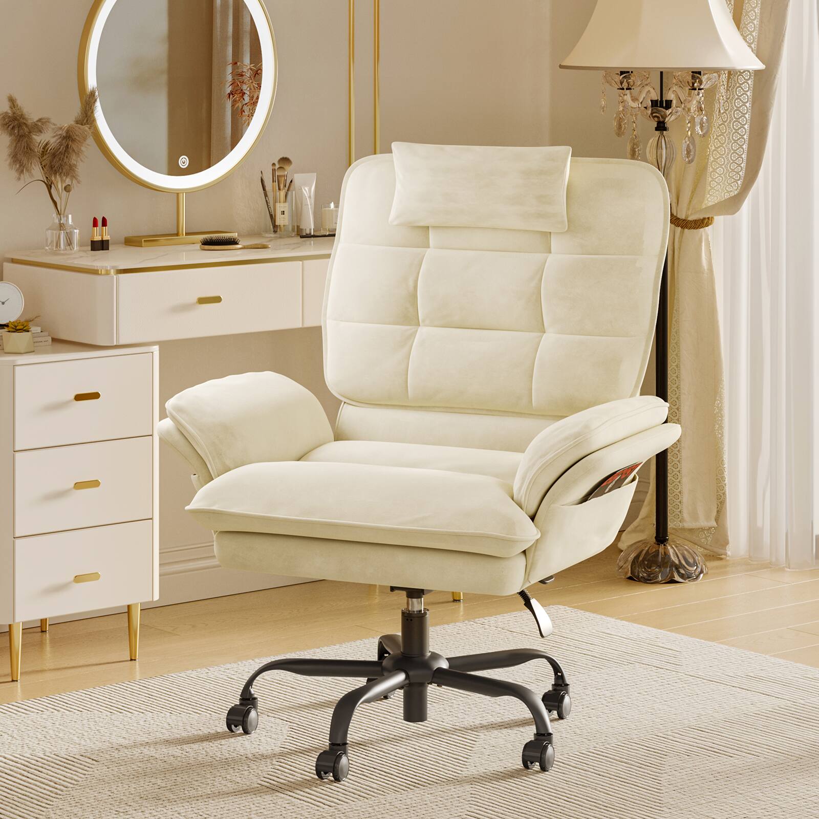 Back. Bestier - Office Cross-Legged Chair with Ergonomic Headrest, Flip-up Armrest & Adjustable Backrset for Home Office - White.