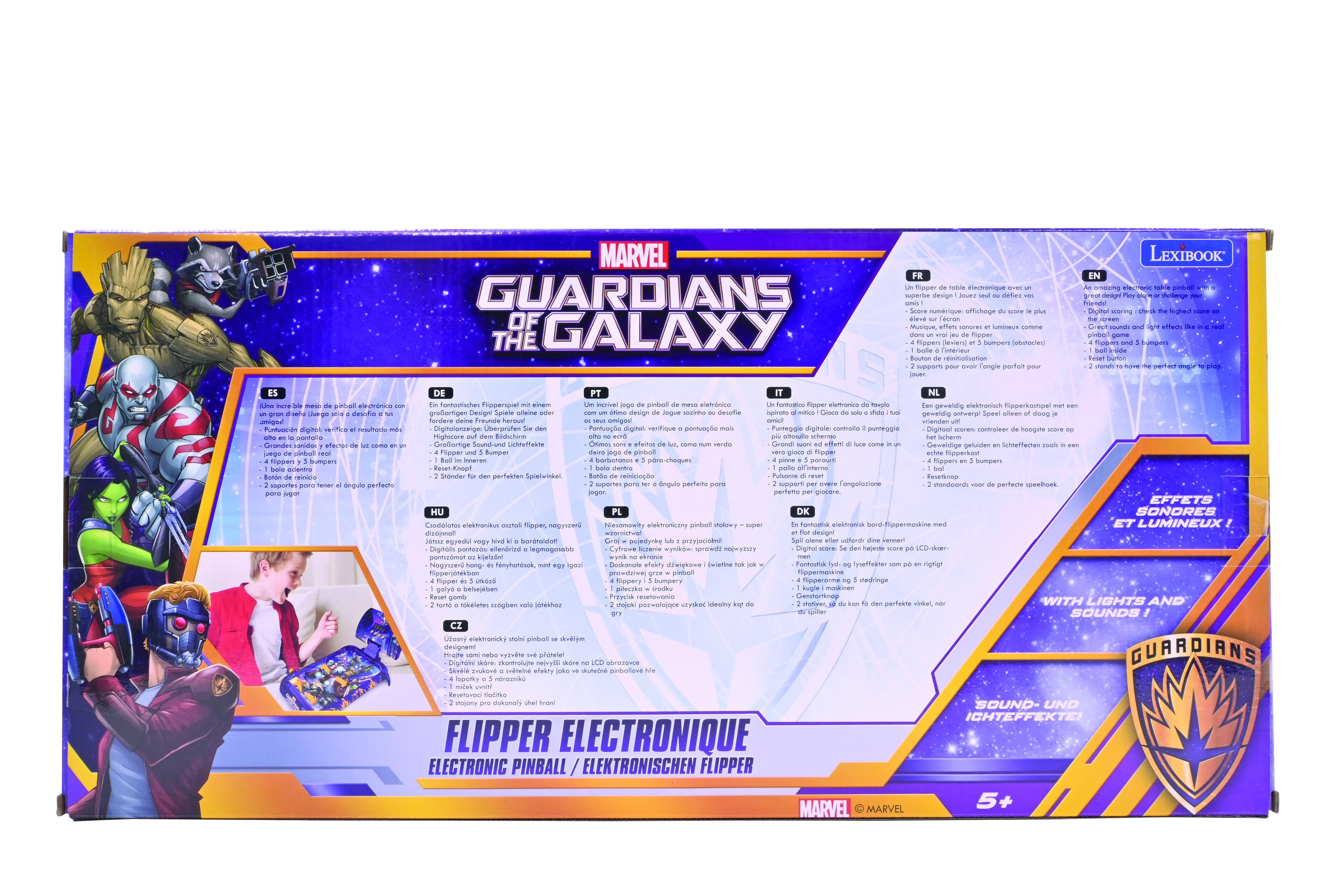 MARVEL GUARDIANS OF THE GALAXY

LEXIBOOK

FLIPPER ELECTRONIQUE
ELECTRONIC PINBALL / ELEKTRONISCHEN FLIPPER

EFFETS SONORES ET LUMINEUX !
SOUND AND LIGHT EFFECTS!

5+

MARVEL © MARVEL