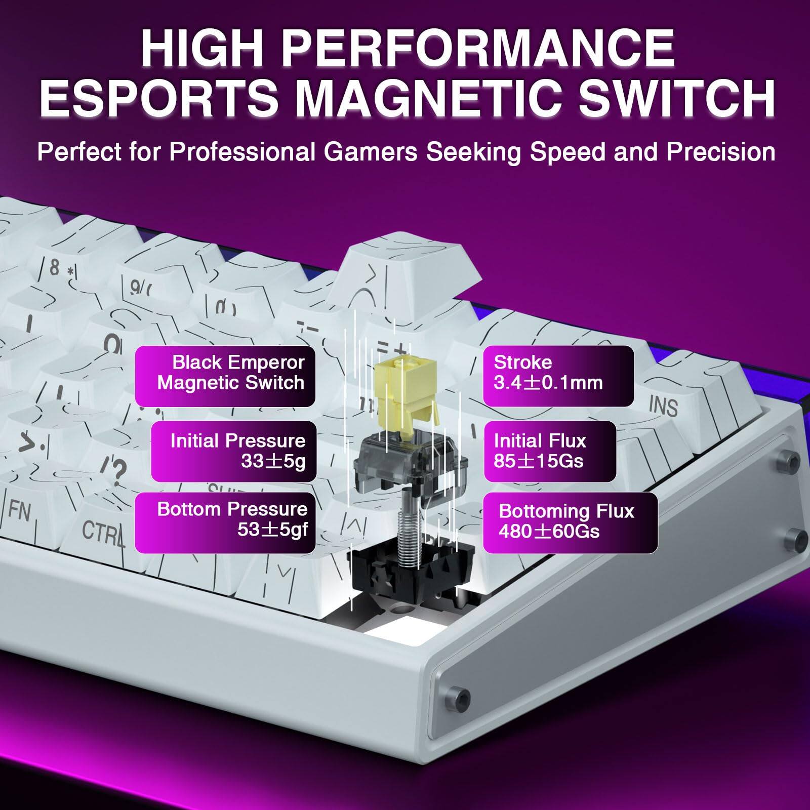 HIGH PERFORMANCE ESPORTS MAGNETIC SWITCH  
Perfect for Professional Gamers Seeking Speed and Precision  

Black Emperor Magnetic Switch  

- Initial Pressure: 33±5g  
- Bottom Pressure: 53±5gf  
- Stroke: 3.4±0.1mm  
- Initial Flux: 85±15Gs  
- Bottoming Flux: 480±60Gs