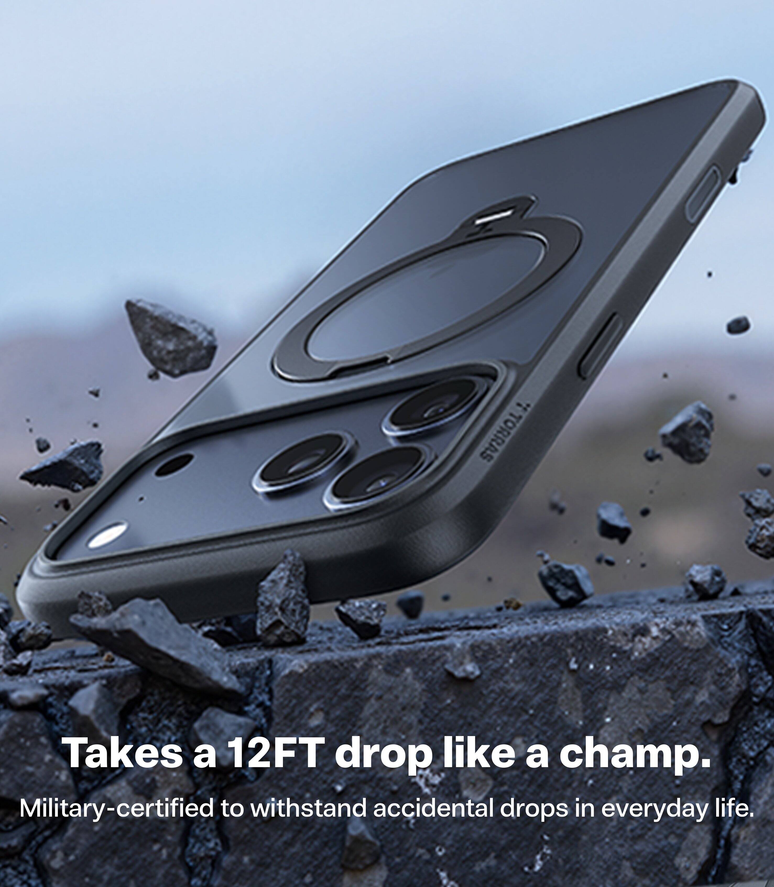 Takes a 12FT drop like a champ.  
Military-certified to withstand accidental drops in everyday life.