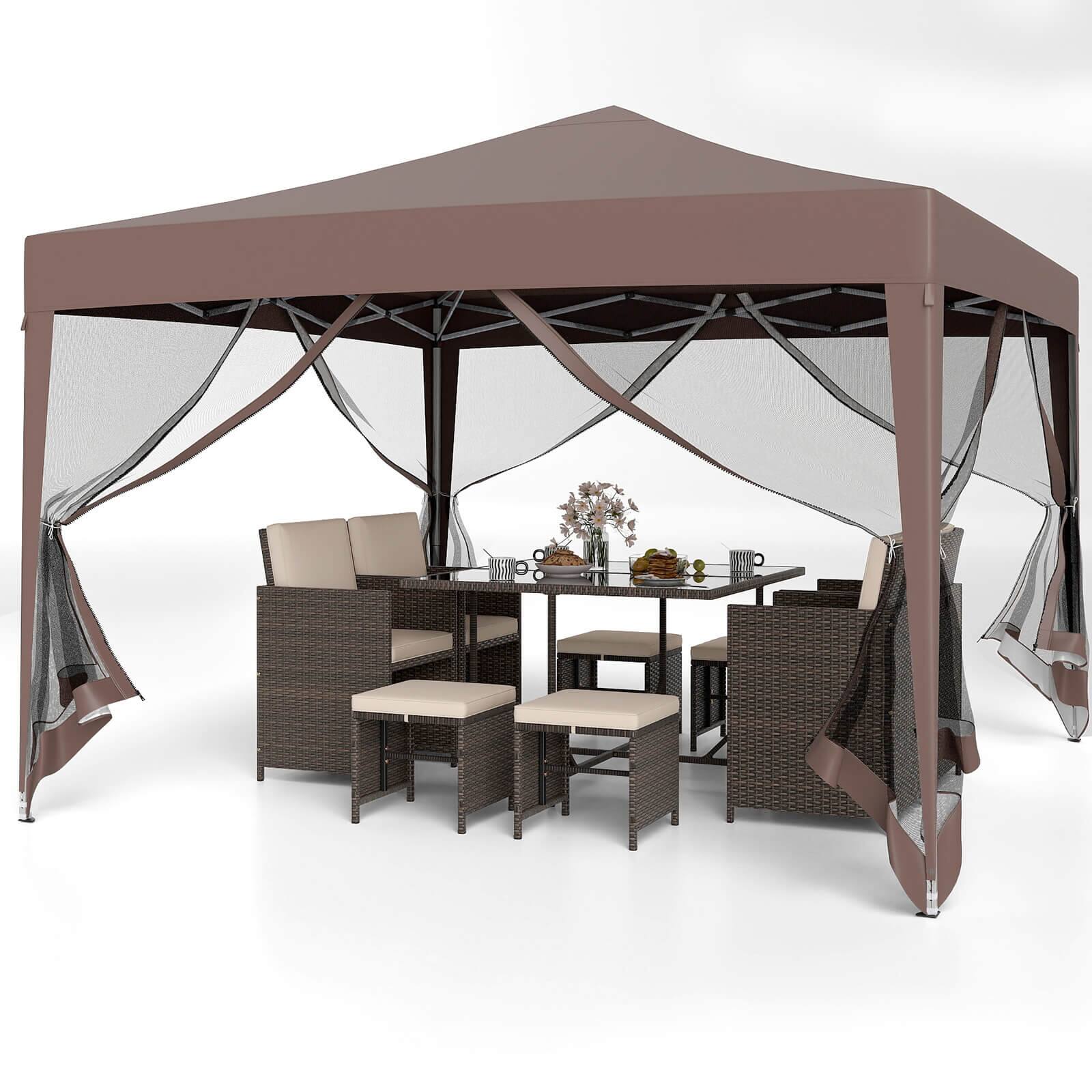Alt View 9. Costway - Costway 10 FT x 10 FT Pop-Up Canopy Tent with Mesh Netting, Carry Bag, 8 Stakes & 4 Ropes - Brown.