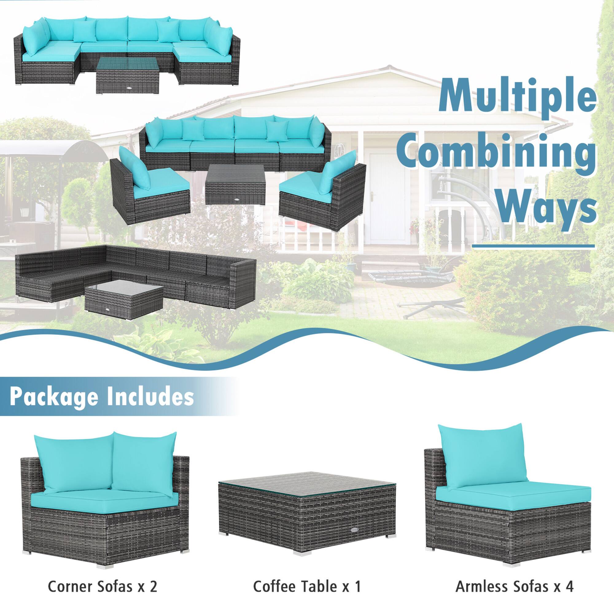 Multiple Combining Ways

Package Includes
- Corner Sofas x 2
- Coffee Table x 1
- Armless Sofas x 4